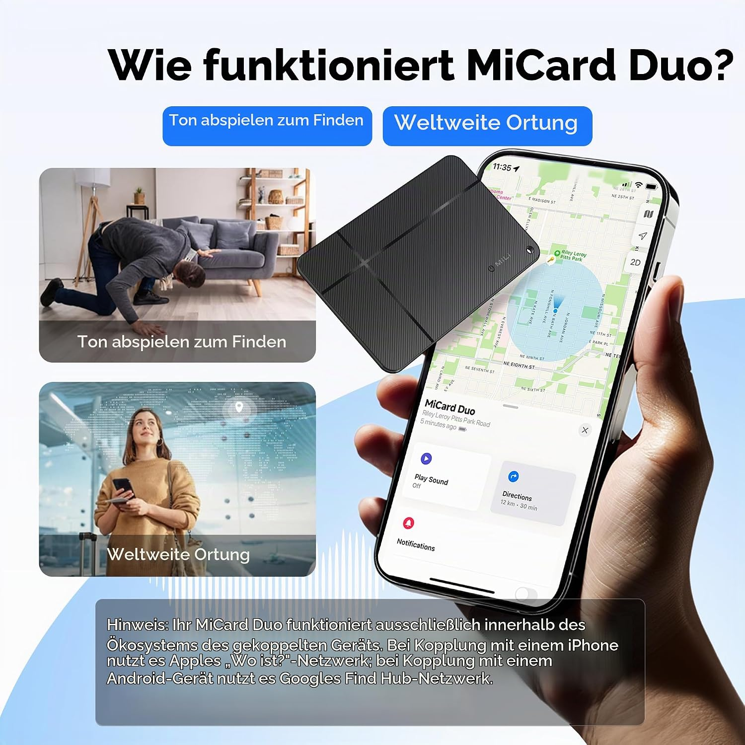 Grafik zeigt Funktionen des MiCard Duo, einschließlich Tonsuche, weltweiter Ortung und Smartphone-App.