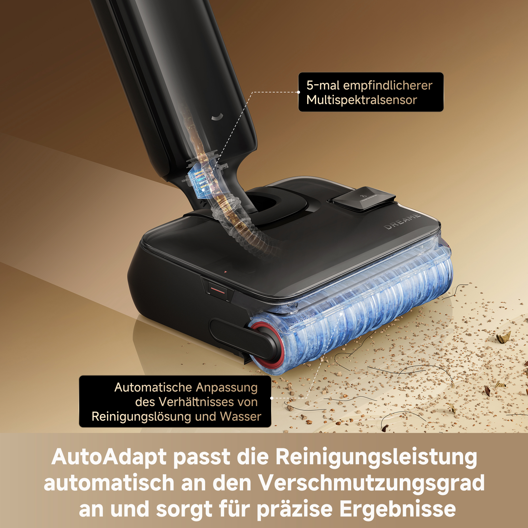 Ein schwarzer Staubsaugerkopf mit einer blauen Walze saugt Schmutz von einem Boden auf.