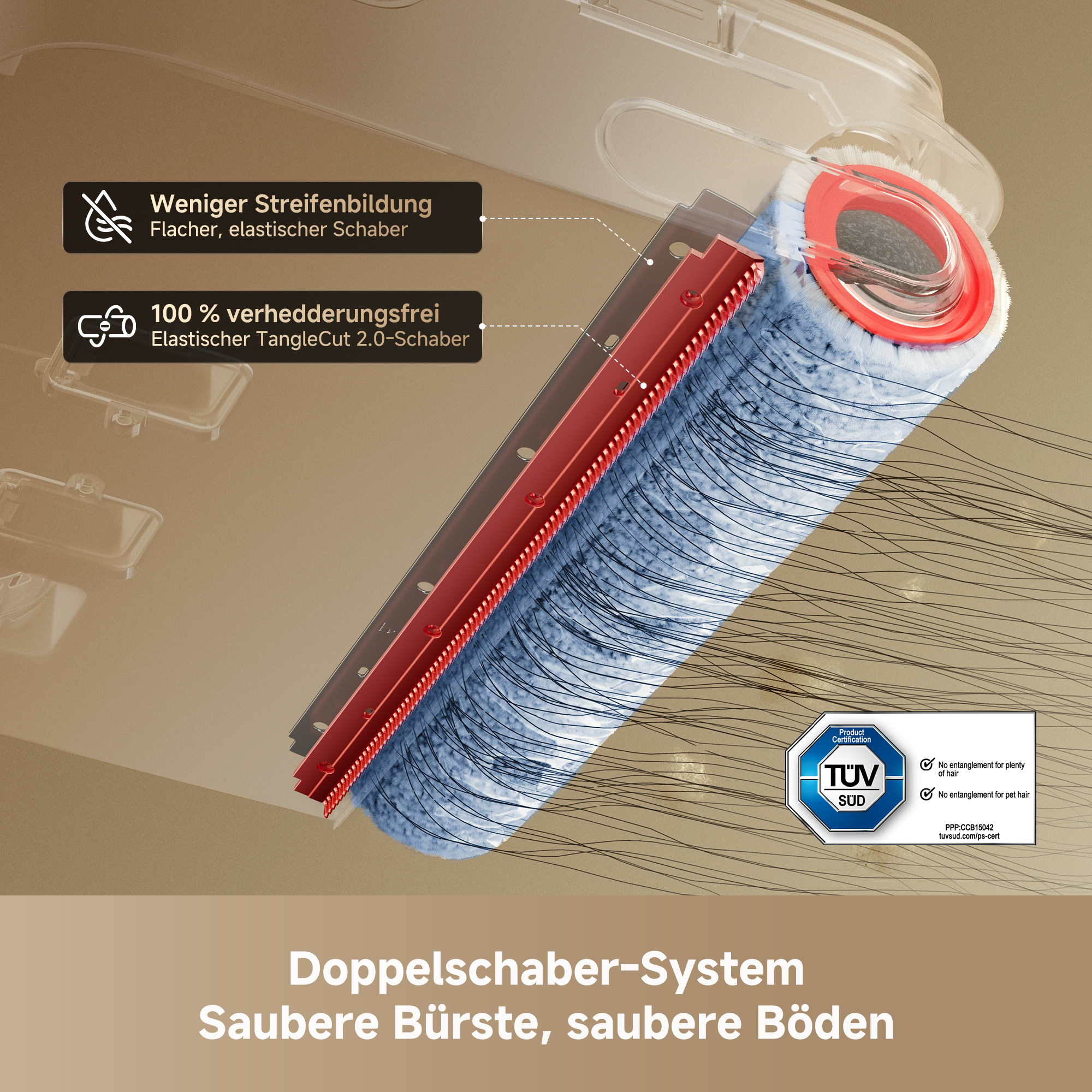 Diagramm eines Doppelscaber-Systems mit Bürste, TangleCut-Schaber, TÜV-SÜD-Zertifikat und Erläuterungen auf Deutsch.