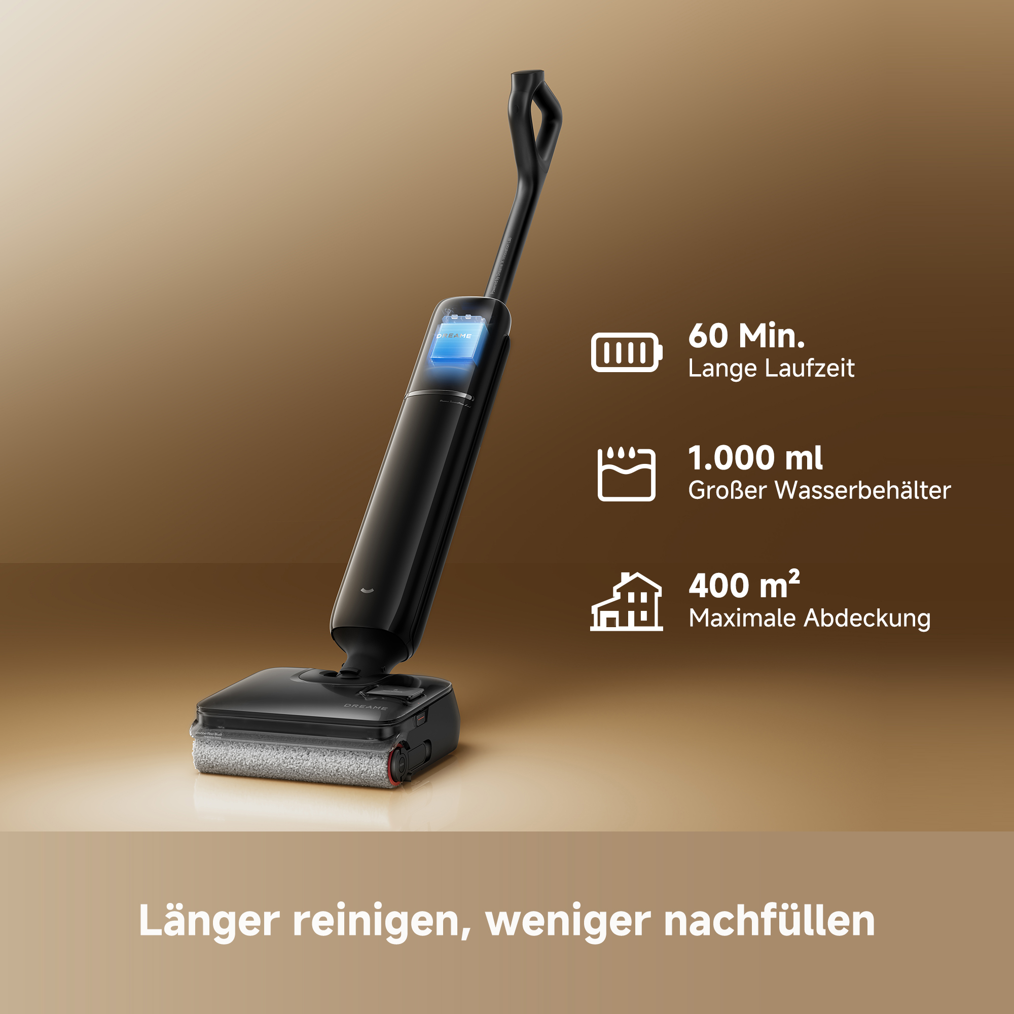 Schwarzer kabelloser Bodenreiniger vor goldenem Hintergrund mit Feature-Icons und Text.