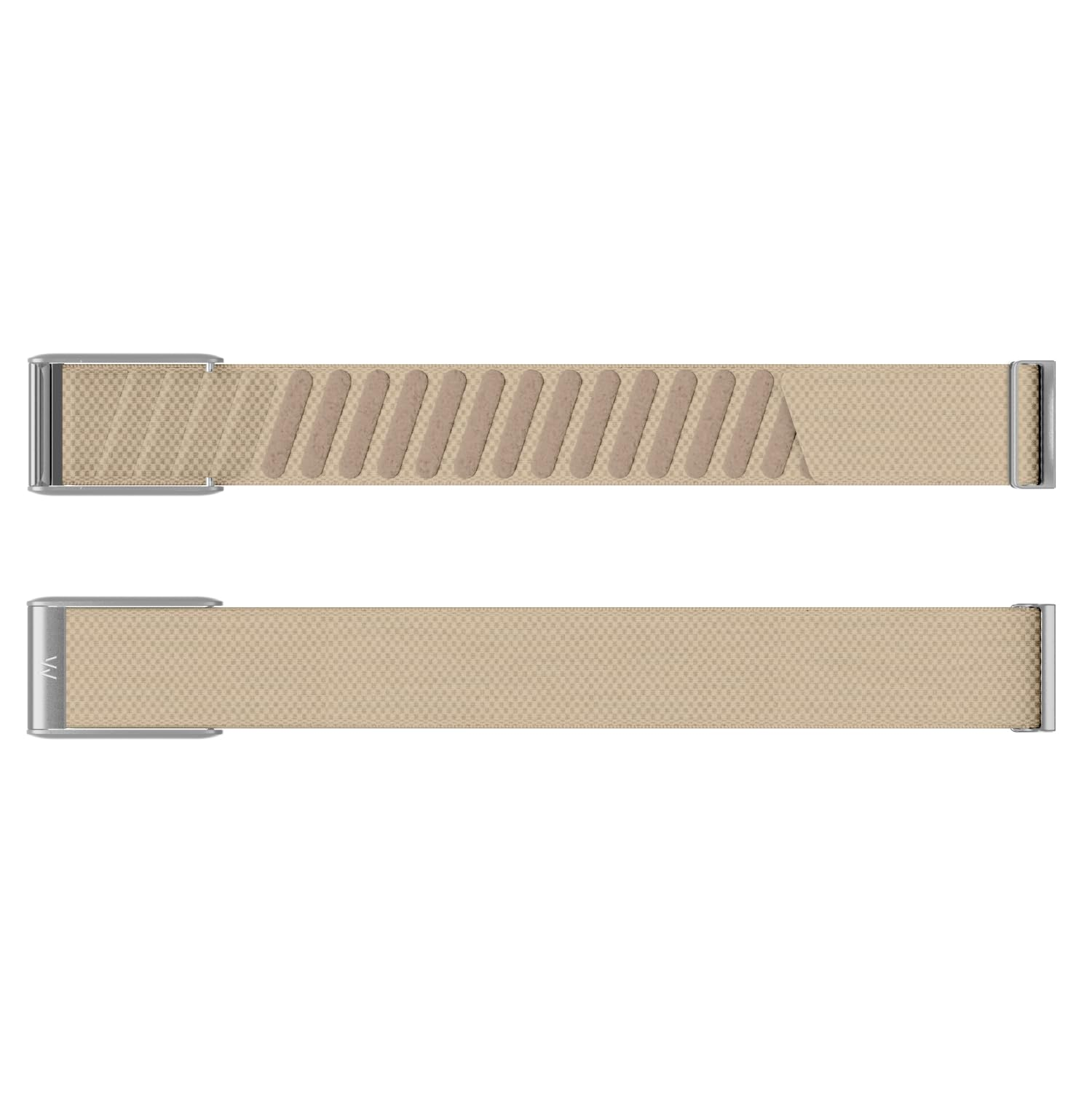 Deux bracelets de montre en textile beige avec des fermoirs argentés sur fond blanc.
