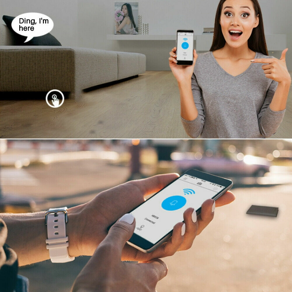 Eine Frau zeigt auf eine App mit Türklingelsymbol in einem Raum, und eine Hand hält draußen ein Smartphone.