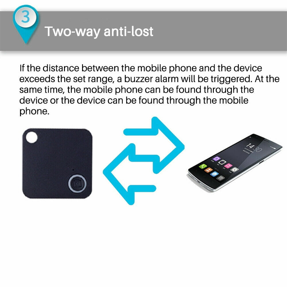 Diagramm zeigt einen schwarzen Anti-Verlust-Tracker mit einem Smartphone verbunden, zur Erklärung des Alarms.