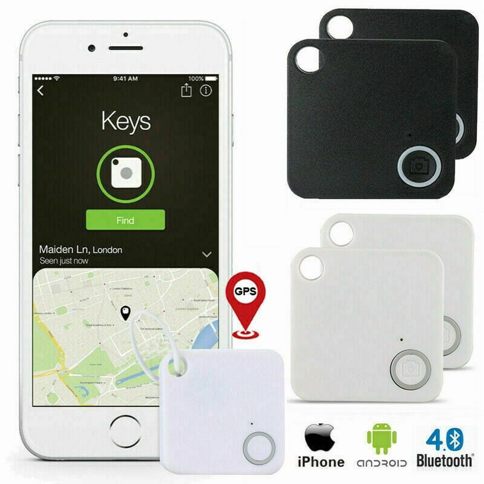 Smartphone mit GPS-App, das weiße und schwarze Bluetooth-Tracker anzeigt.