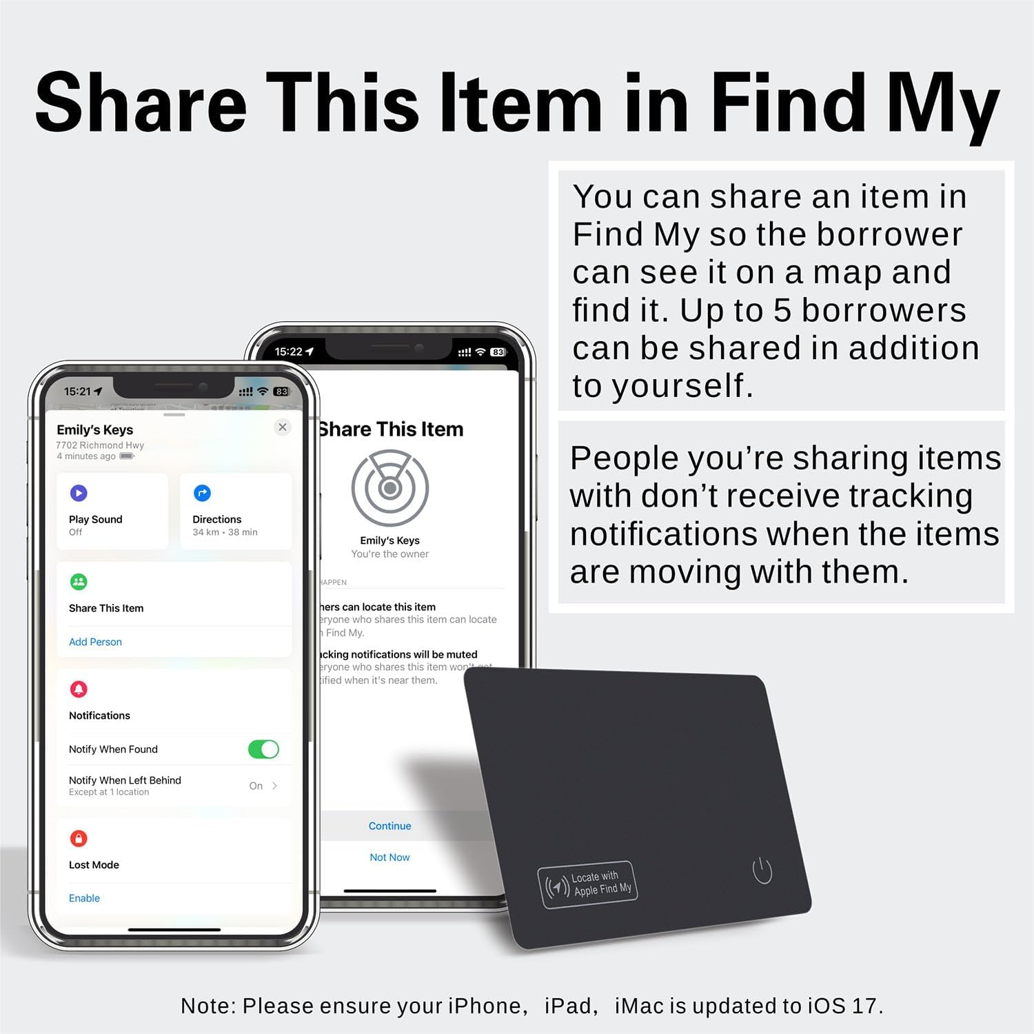 Informationsgrafik über das Teilen von Gegenständen in Apple Find My mit iPhones und einem Tracker.