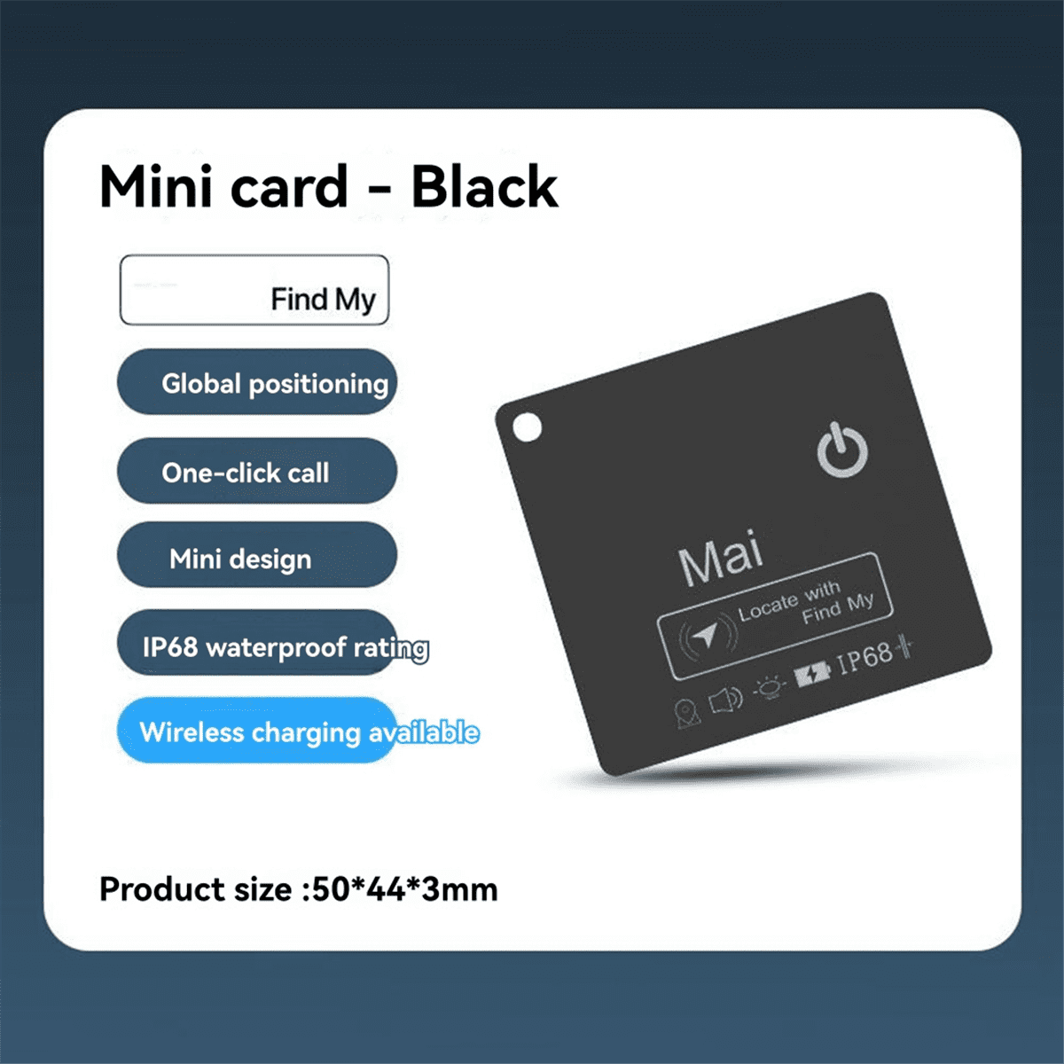 Schwarze Mini-Tracking-Karte mit Funktionen wie GPS, One-Click-Call, IP68-Wasserdichtigkeit und kabellosem Laden.