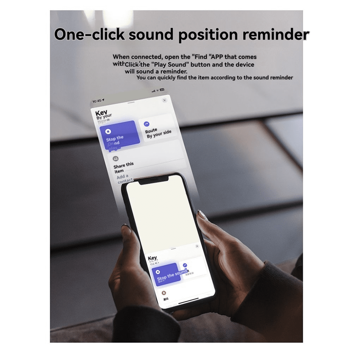 Eine Person hält ein Handy mit einer App-Oberfläche und einem Ton-abspielen-Button.