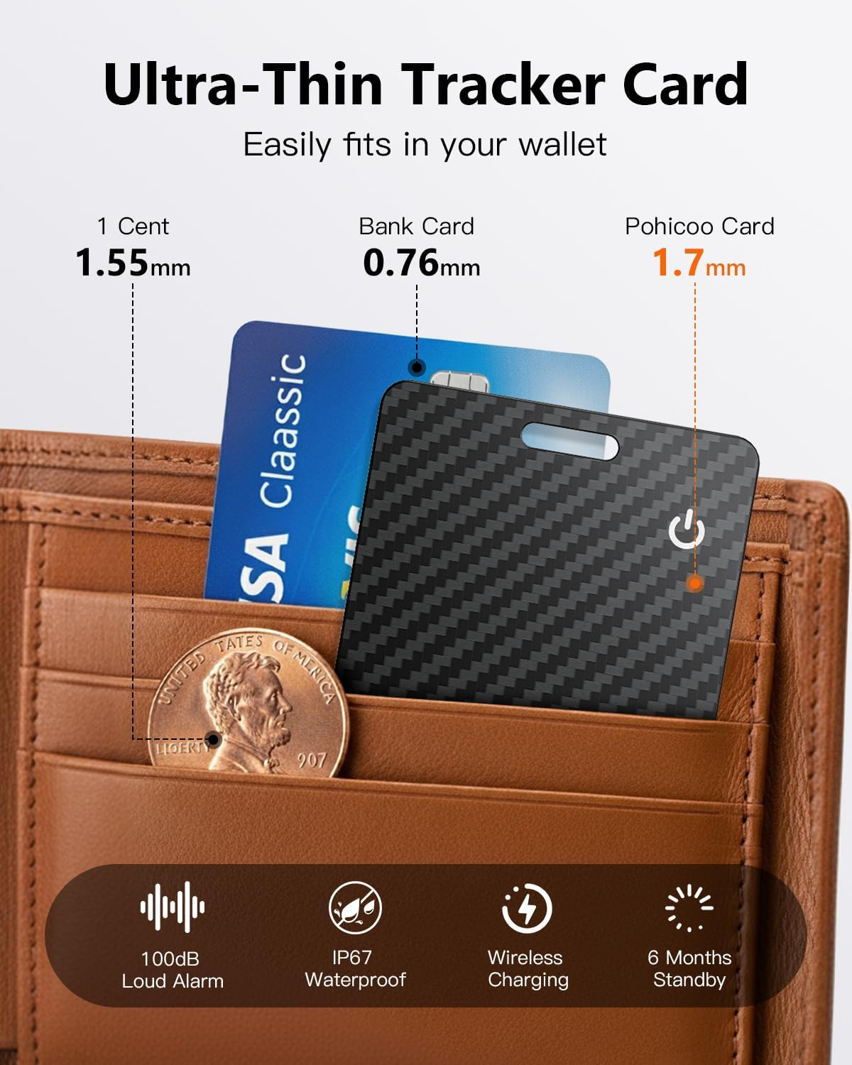 Ein Tracker, eine Bankkarte und eine Münze in einer braunen Geldbörse mit Symbolen für Eigenschaften unten.