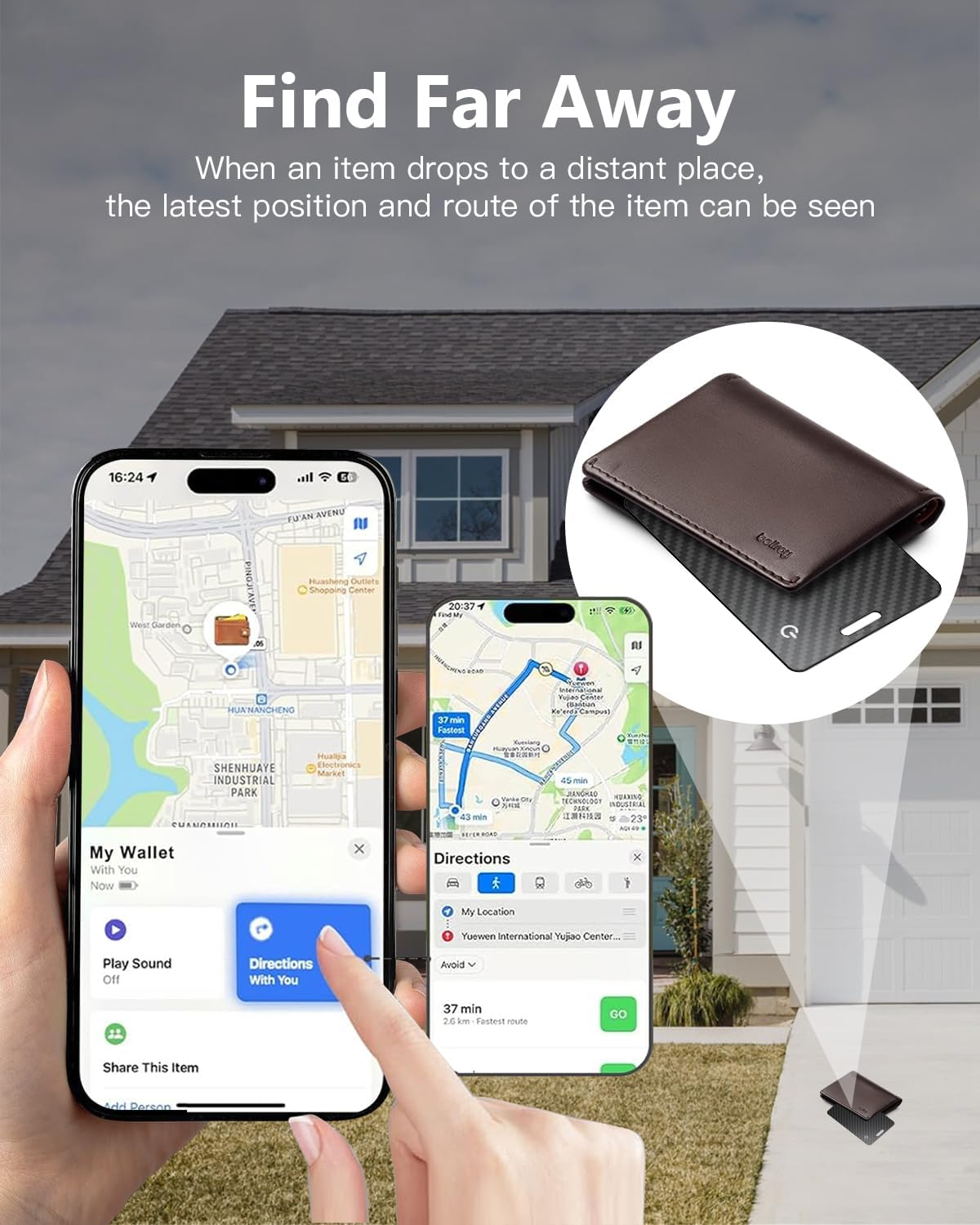 Ein Smartphone zeigt eine Karte, die ein verlorenes braunes Lederetui mit Tracker-Karte vor einem Haus ortet.