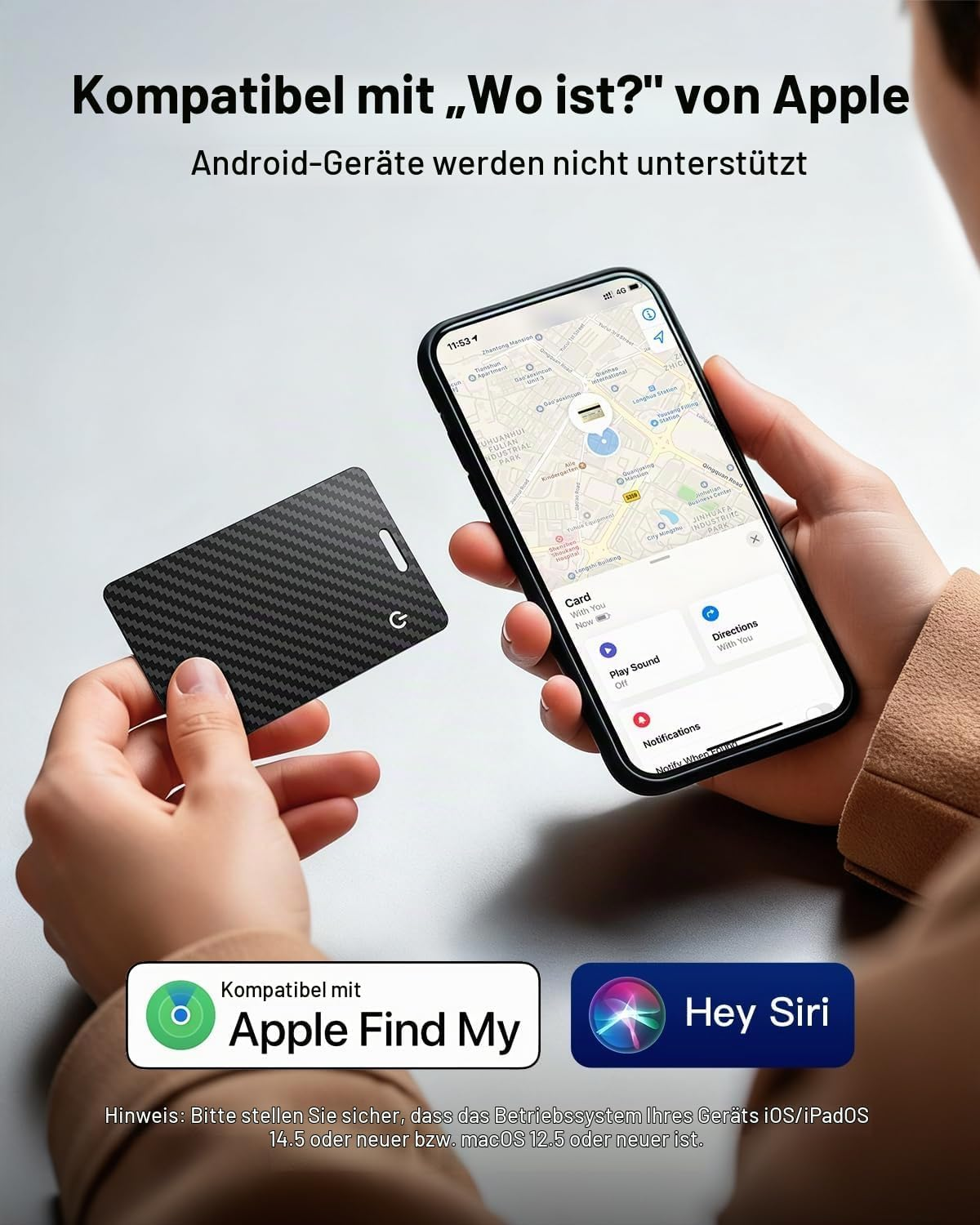 Person hält schwarze Carbon-Karte und iPhone mit Find My App.