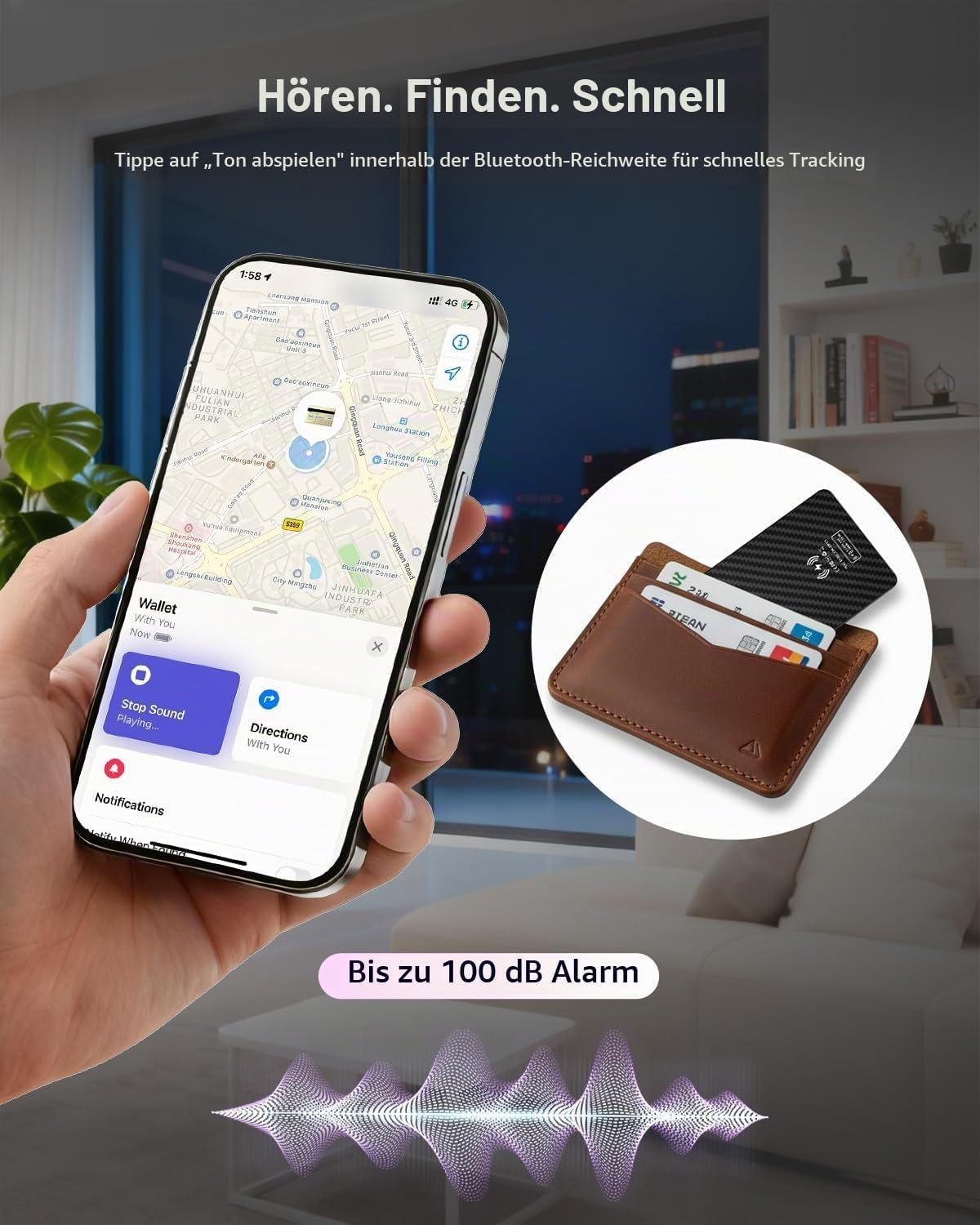 Handy zeigt Tracking-App für eine braune Lederbrieftasche mit Karten.