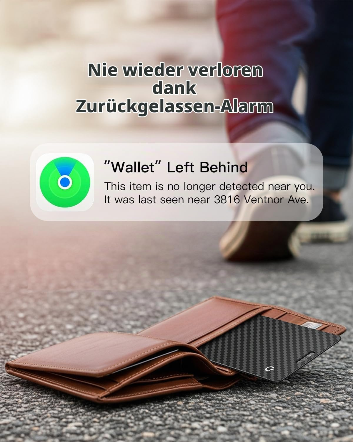 Eine verlorene braune Geldbörse auf dem Boden mit einer Smartphone-Benachrichtigung "Wallet Left Behind".