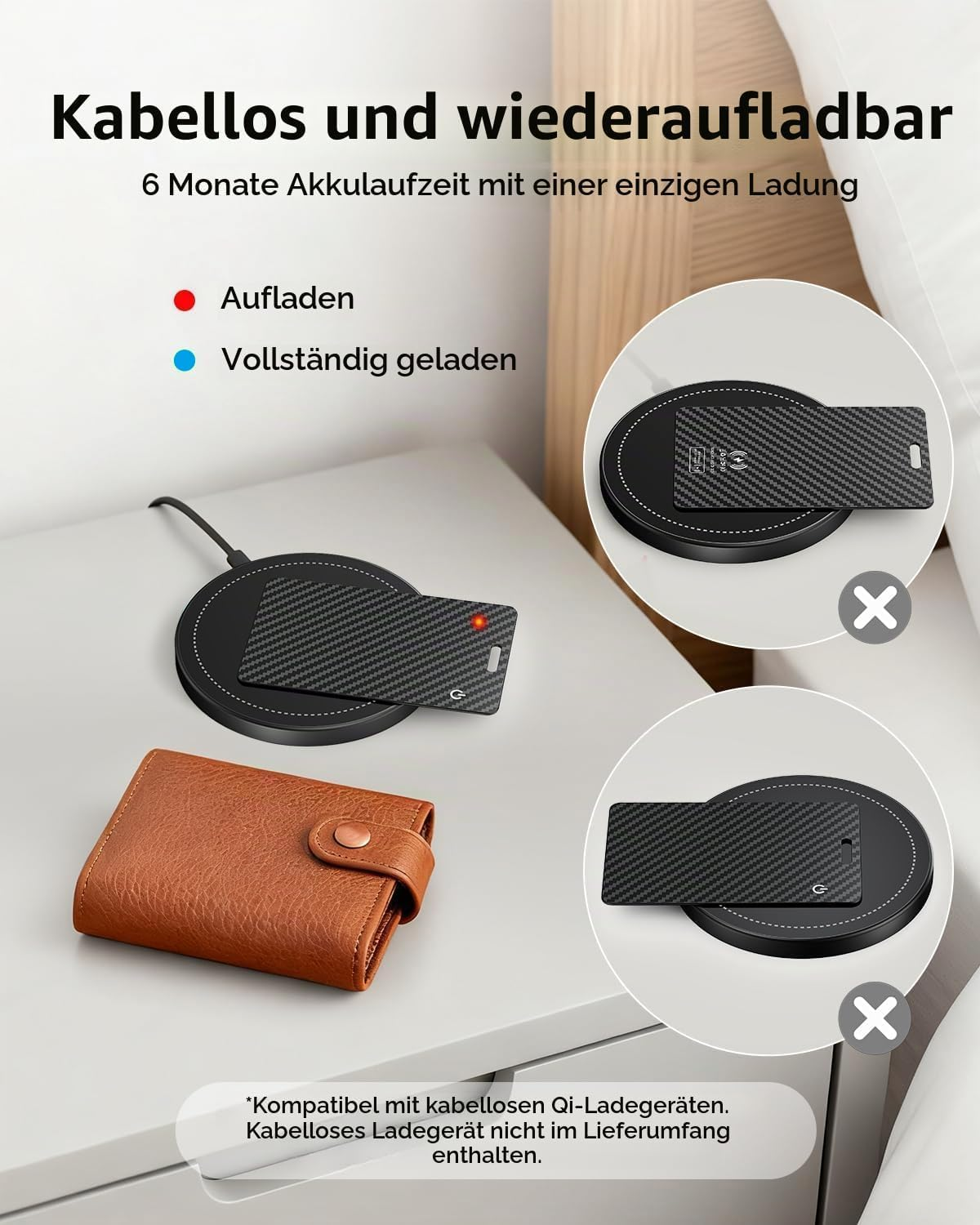 Eine schwarze Carbonkarte liegt auf einer kabellosen Ladestation neben einer braunen Geldbörse.