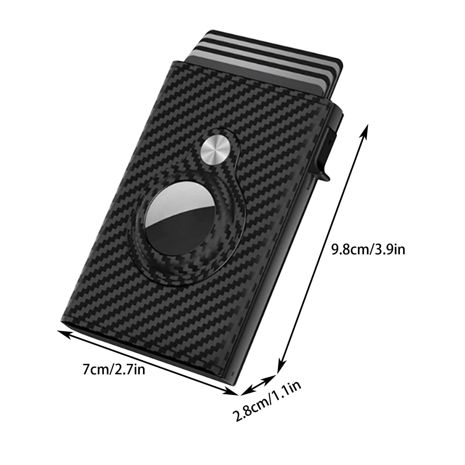 Kohlefaser-Geldbörse mit Abmessungen von 9.8cm mal 7cm mal 2.8cm und integriertem Kartenetui.
