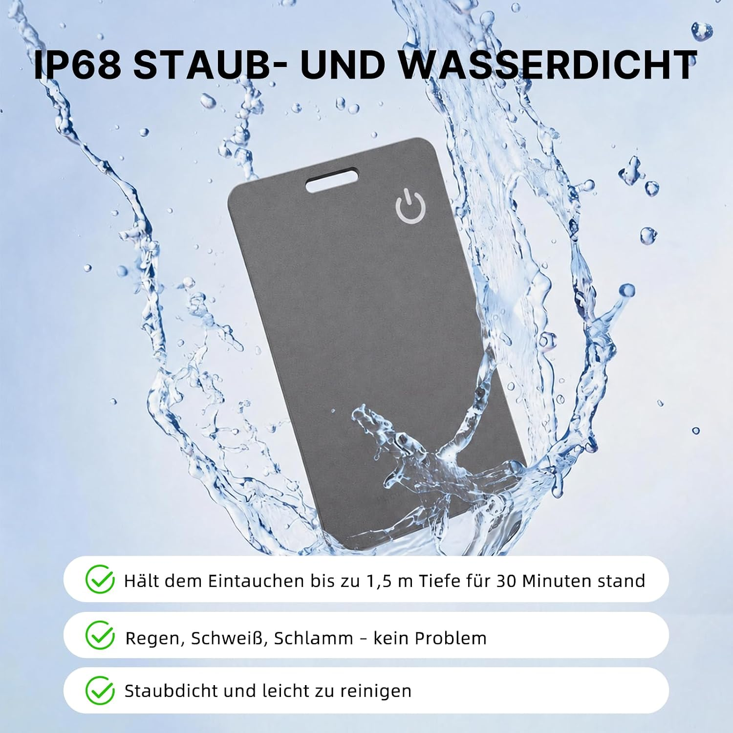 Wasserdichtes Etui mit Text und Spritzwasser im Hintergrund.