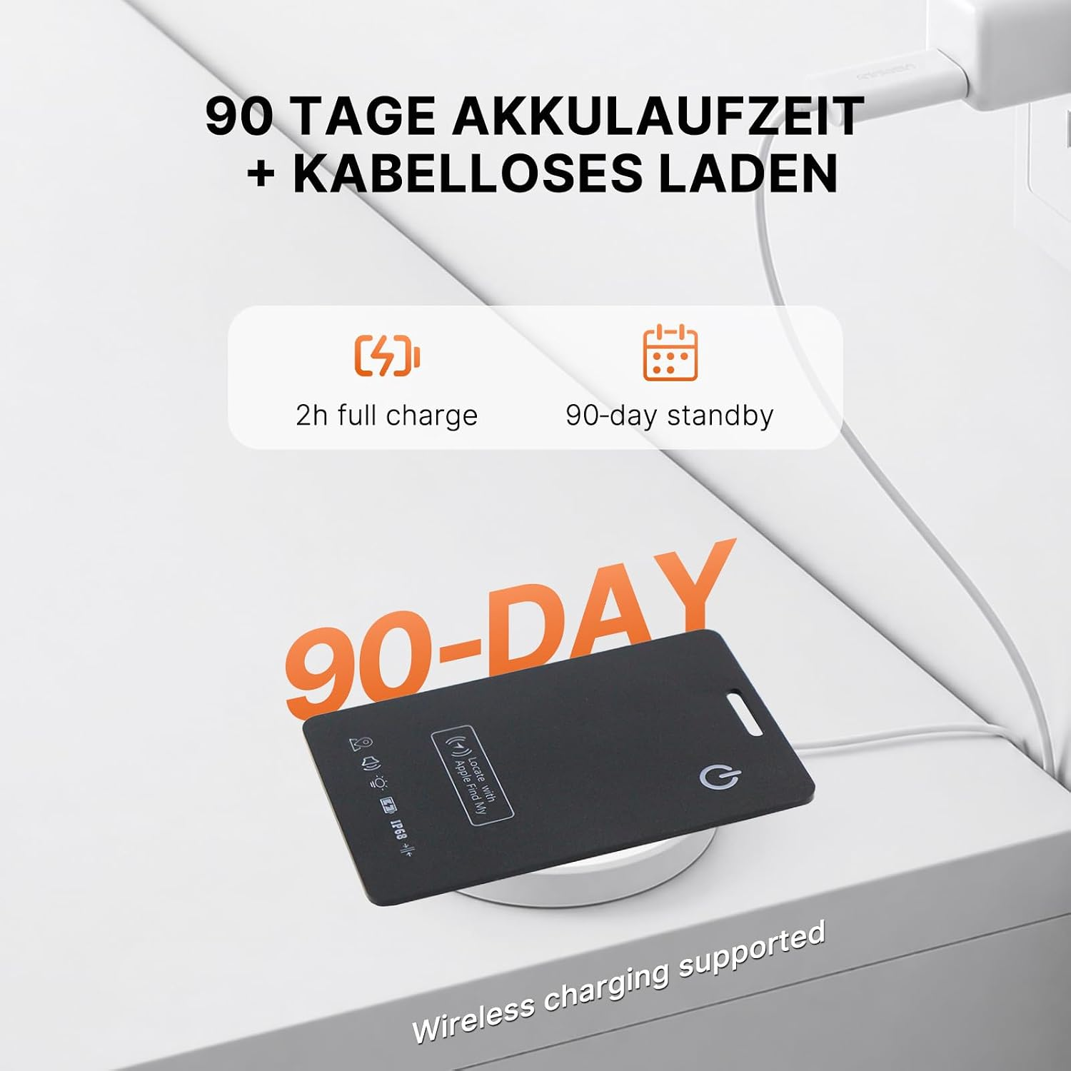 Schwarze Karte auf weißer Ladestation mit Text über 90 Tage Akkulaufzeit und kabelloses Laden.