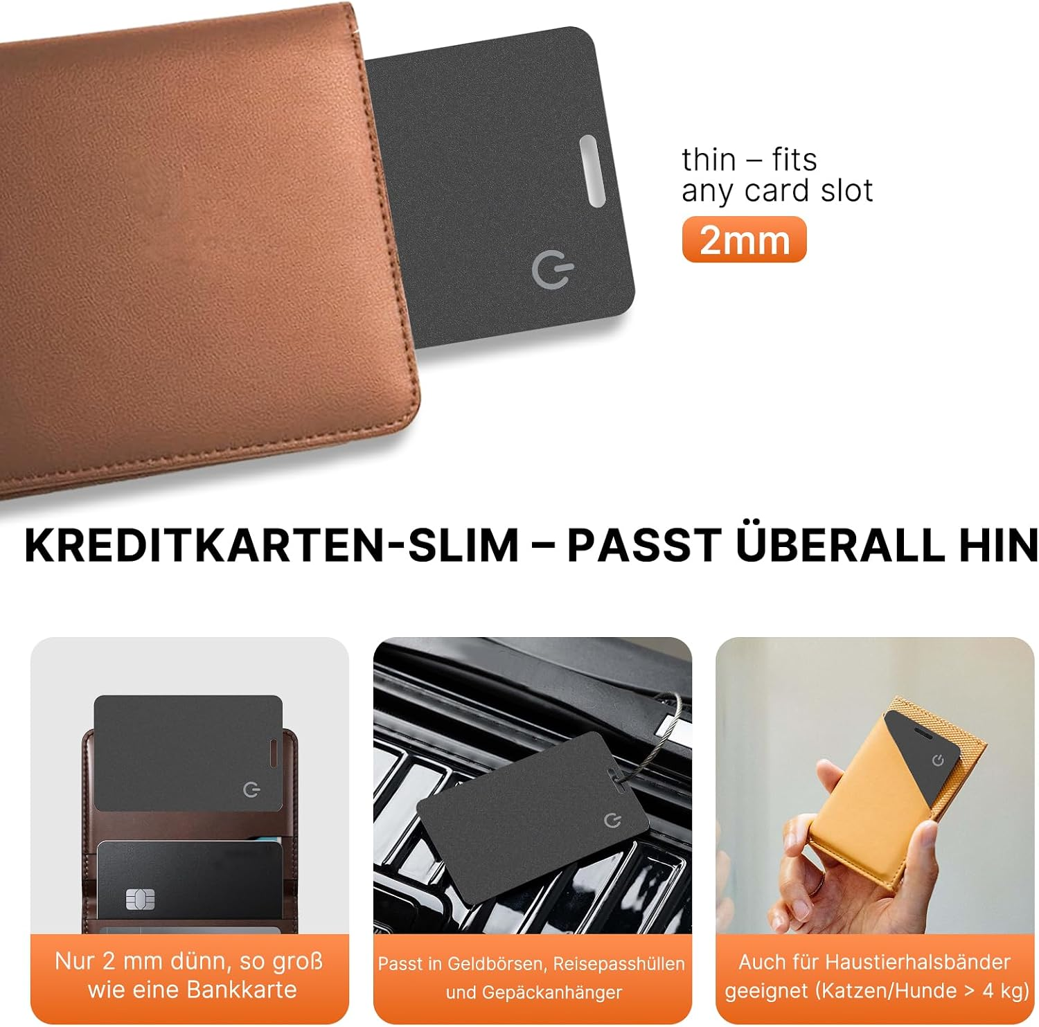 Dünnes schwarzes Karten-Tracker-Gerät, passend in Geldbörsen und Halter.