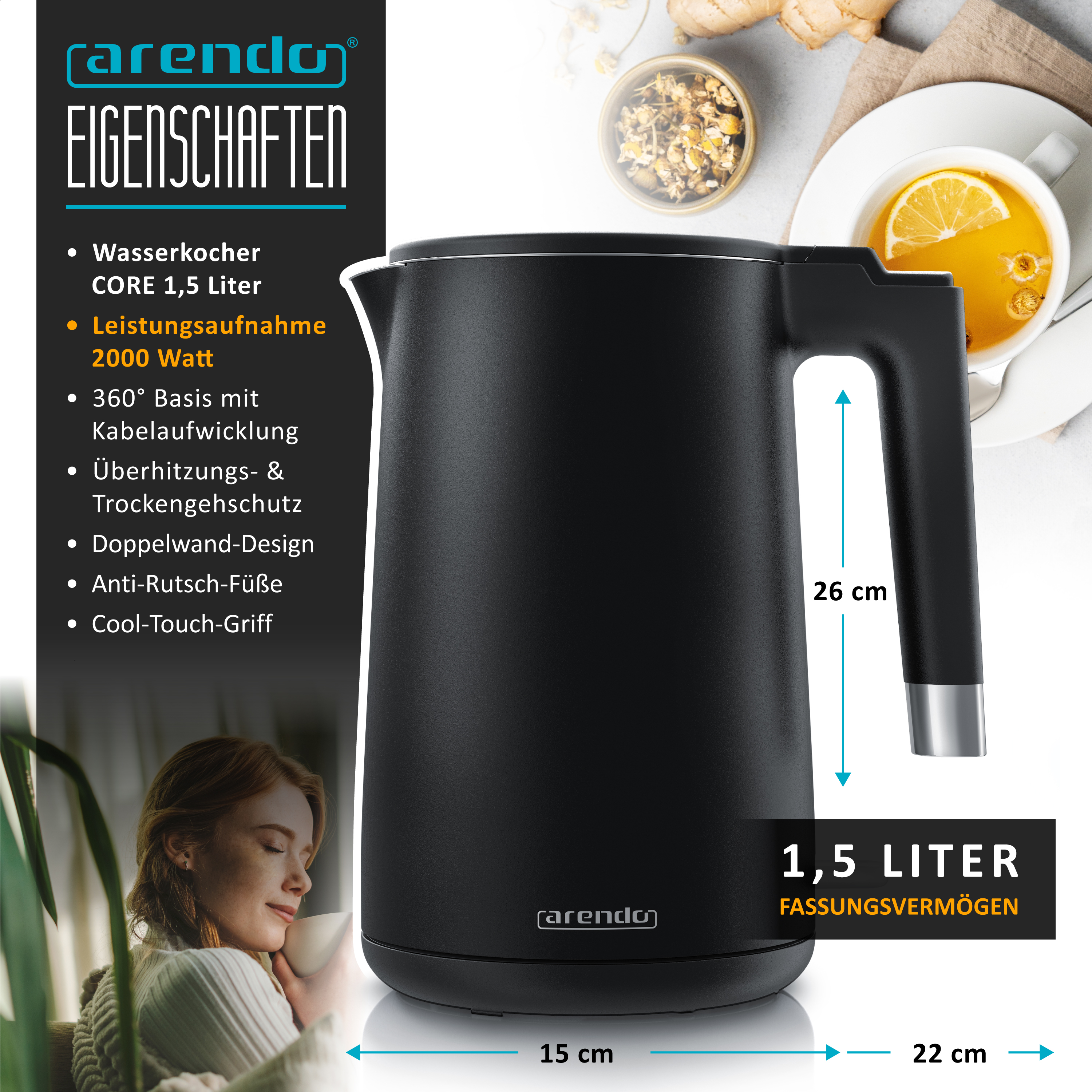 Schwarzer Arendo Wasserkocher mit 1,5L Fassungsvermögen, Maßen und Produktdetails.