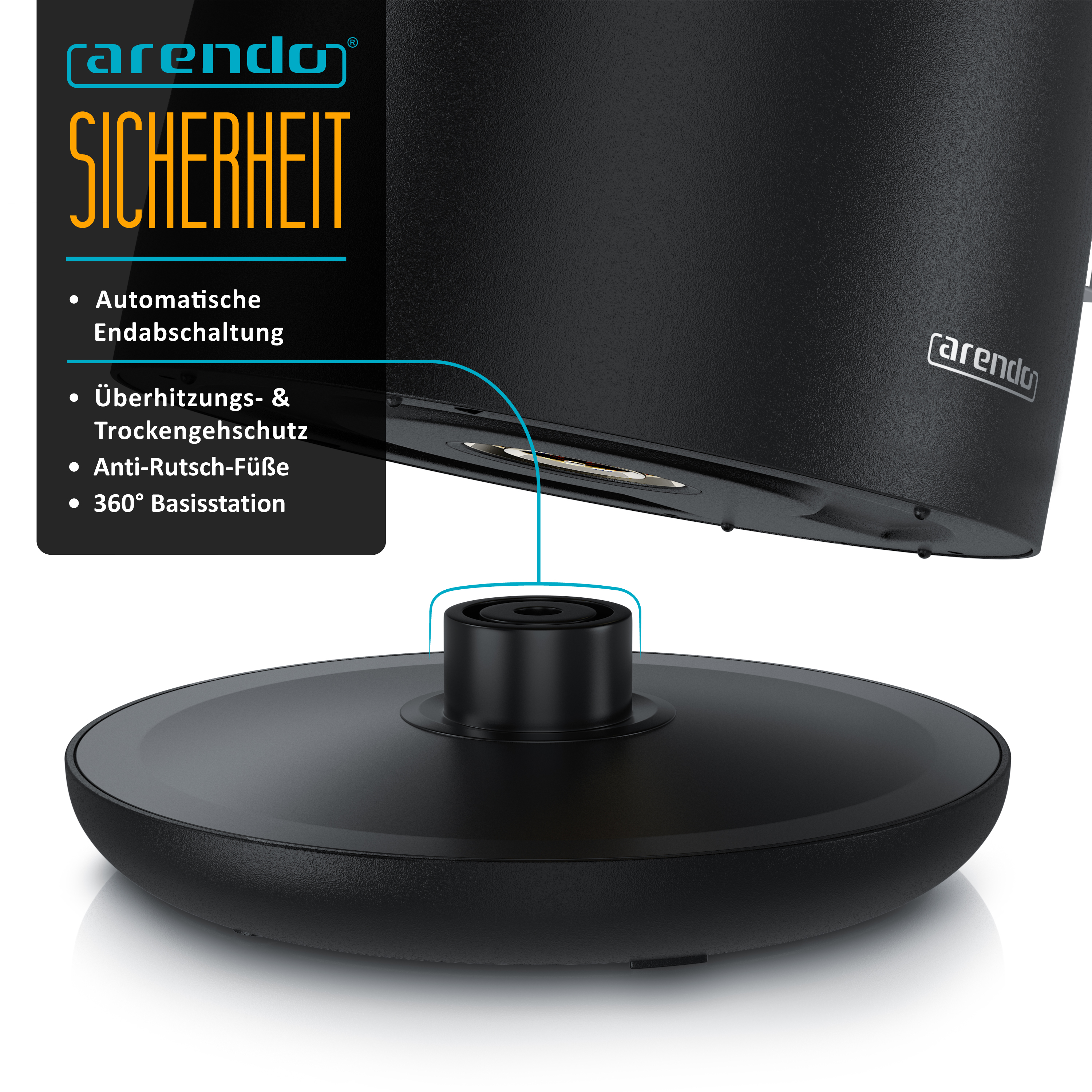 Ein schwarzer Arendo Wasserkocher über seiner 360-Grad-Basis mit Sicherheitsmerkmalen.