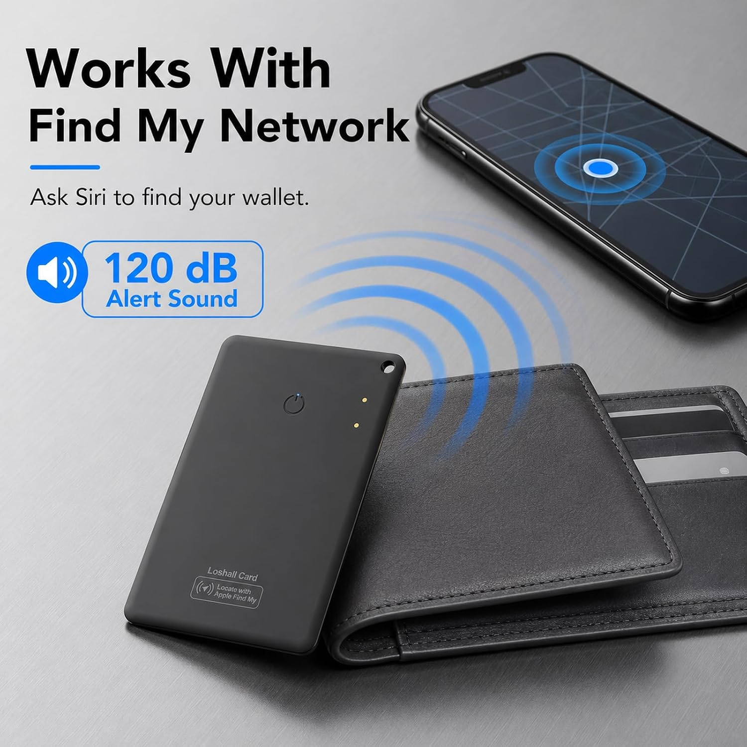 Eine schwarze Tracker-Karte auf einer Geldbörse, daneben ein Smartphone mit Kartenanzeige.