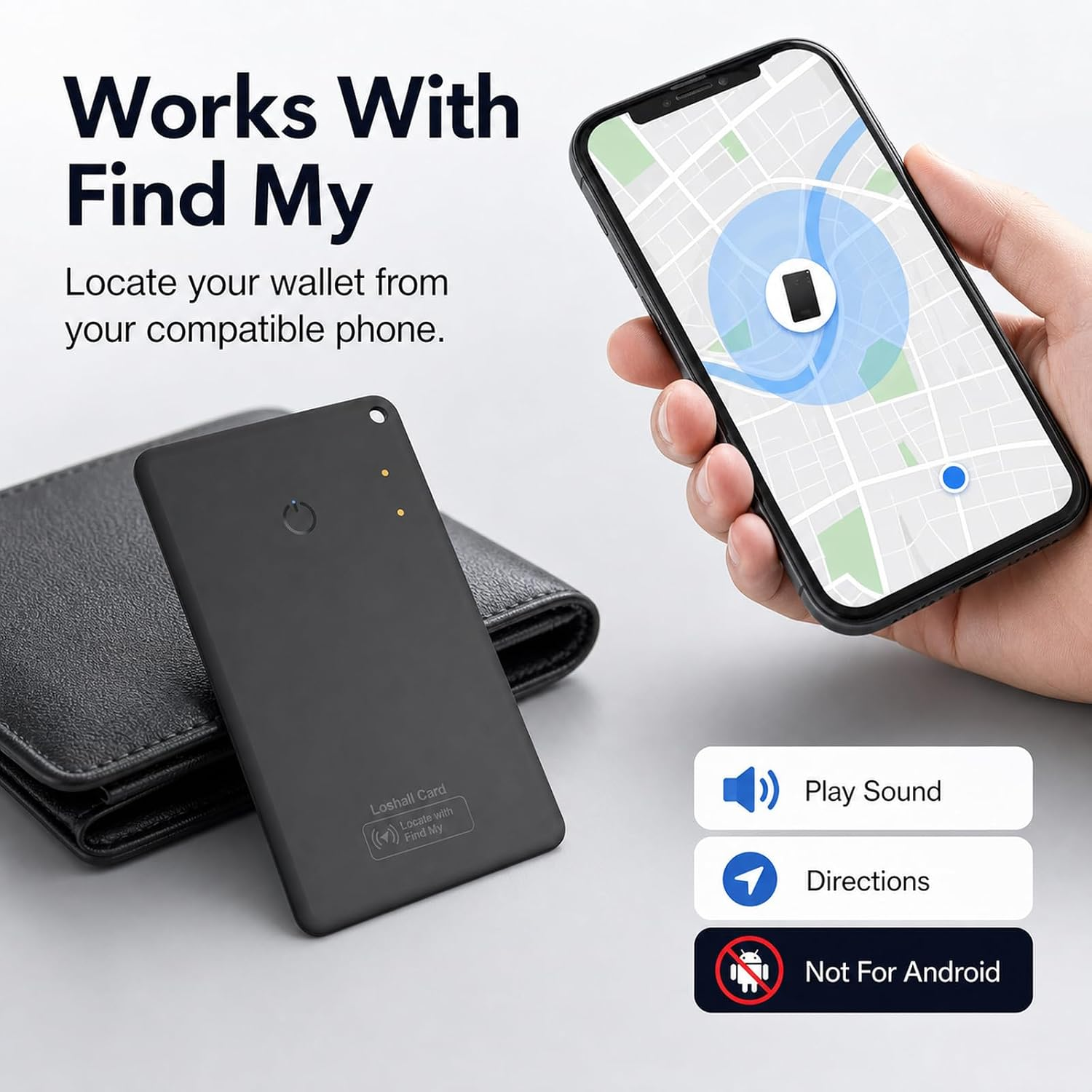 Hand hält Smartphone mit Karten-App und Wallet-Tracker daneben.