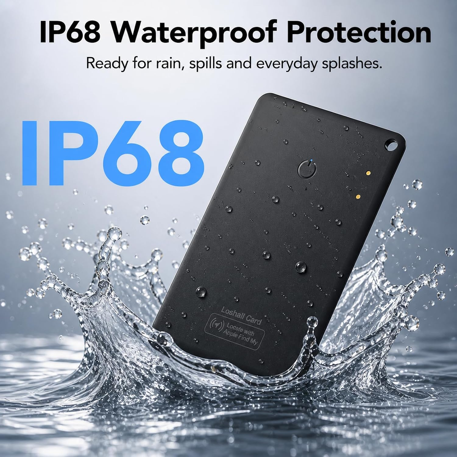 IP68 wasserdichte Schutzkarte im Wasser mit Wasserspritzern und Text.
