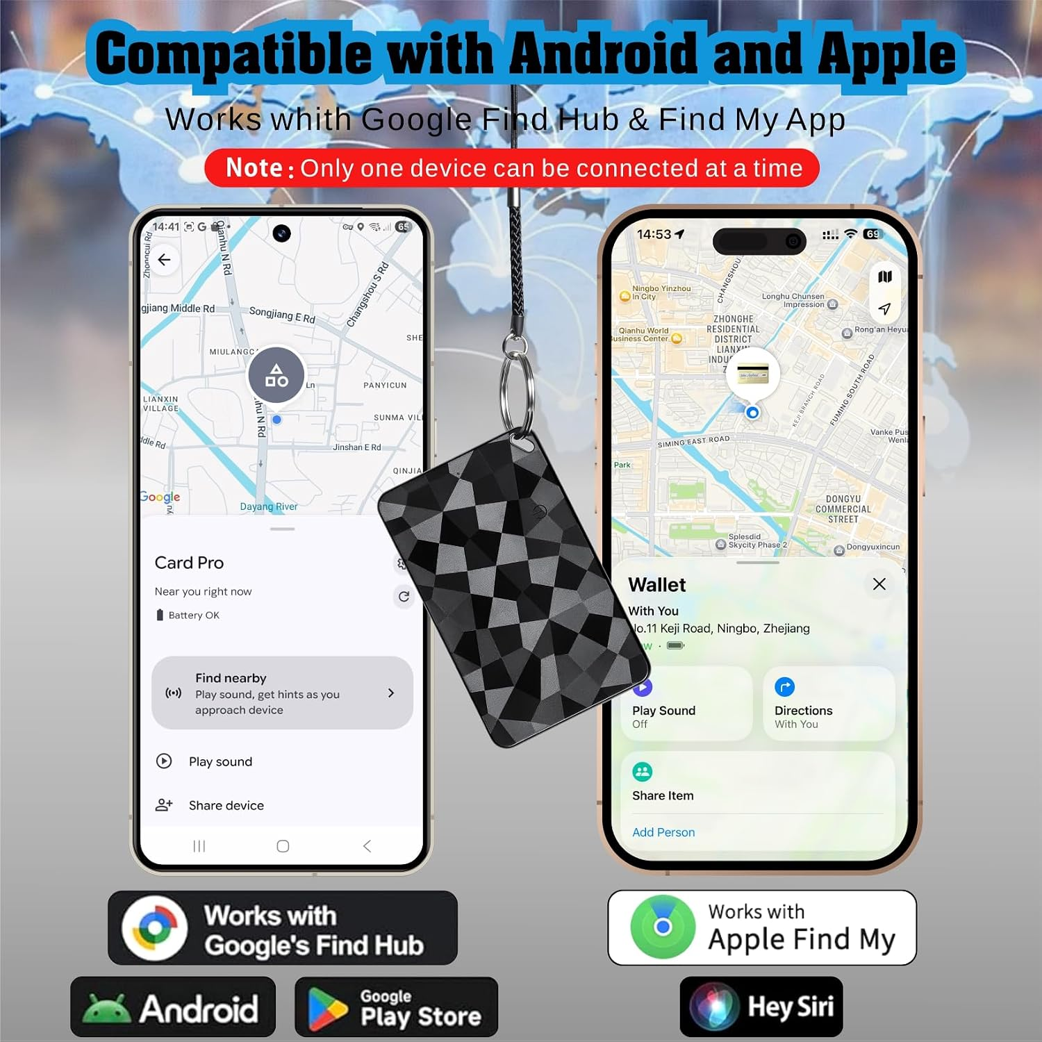 Smart-Tracker-Karte im Karo-Design zwischen zwei Smartphones mit Google- und Apple-Karten-Apps.
