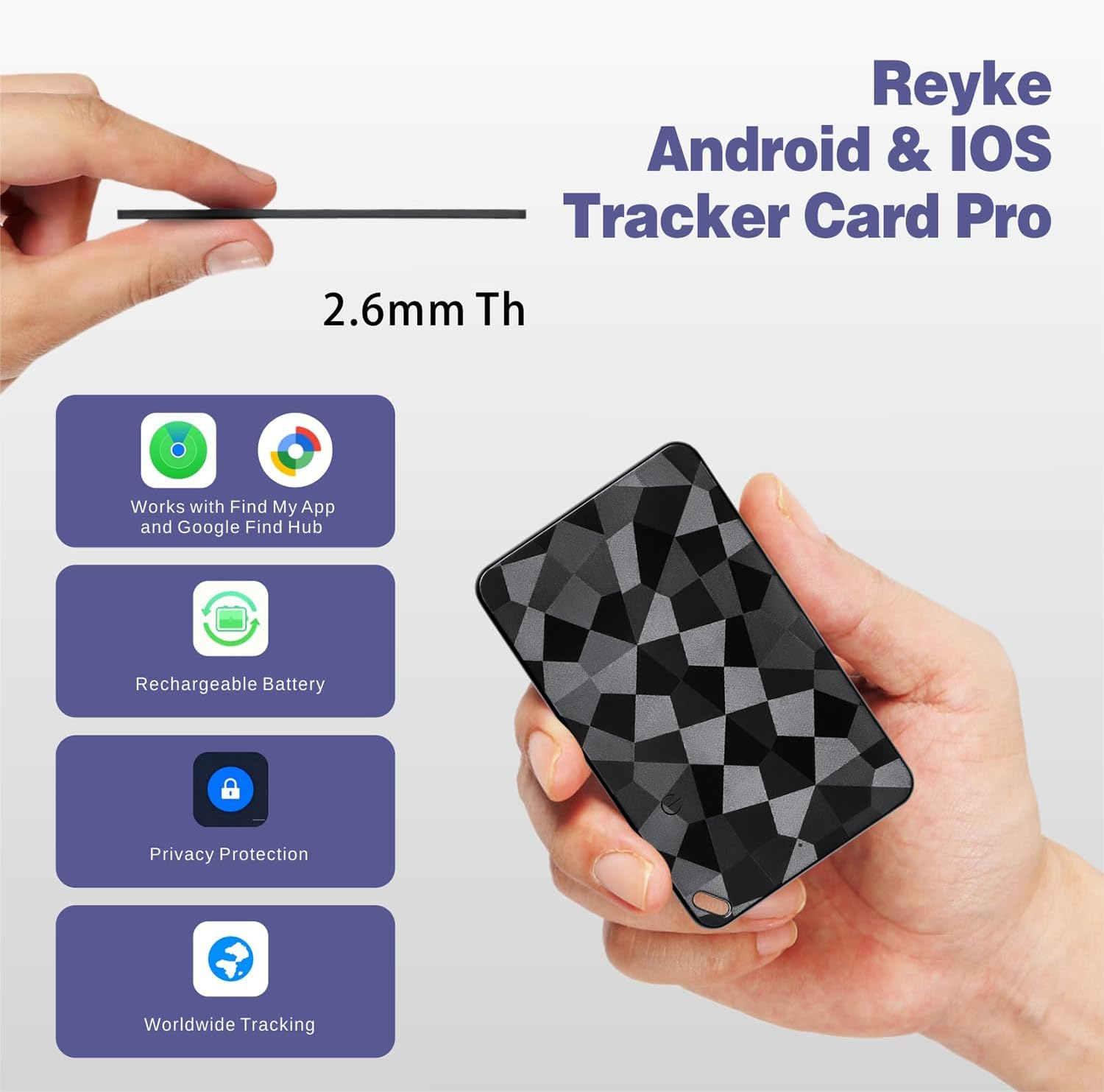 Reyke Tracker Card Pro mit Merkmalen wie wiederaufladbarem Akku, Datenschutz und weltweiter Ortung.