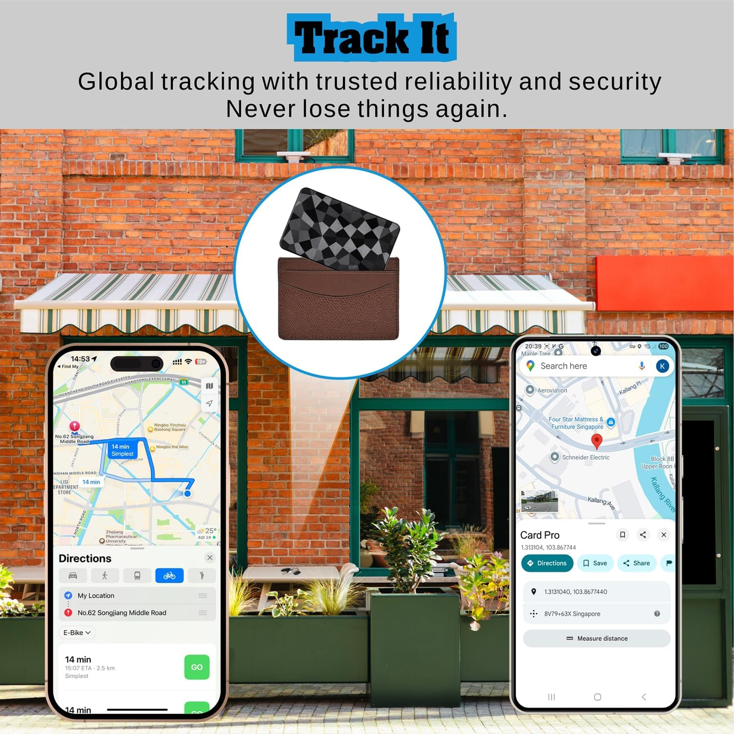 Ein Tracker in einer Lederkarte, gezeigt mit zwei Smartphone-Apps vor einem roten Backsteingebäude.