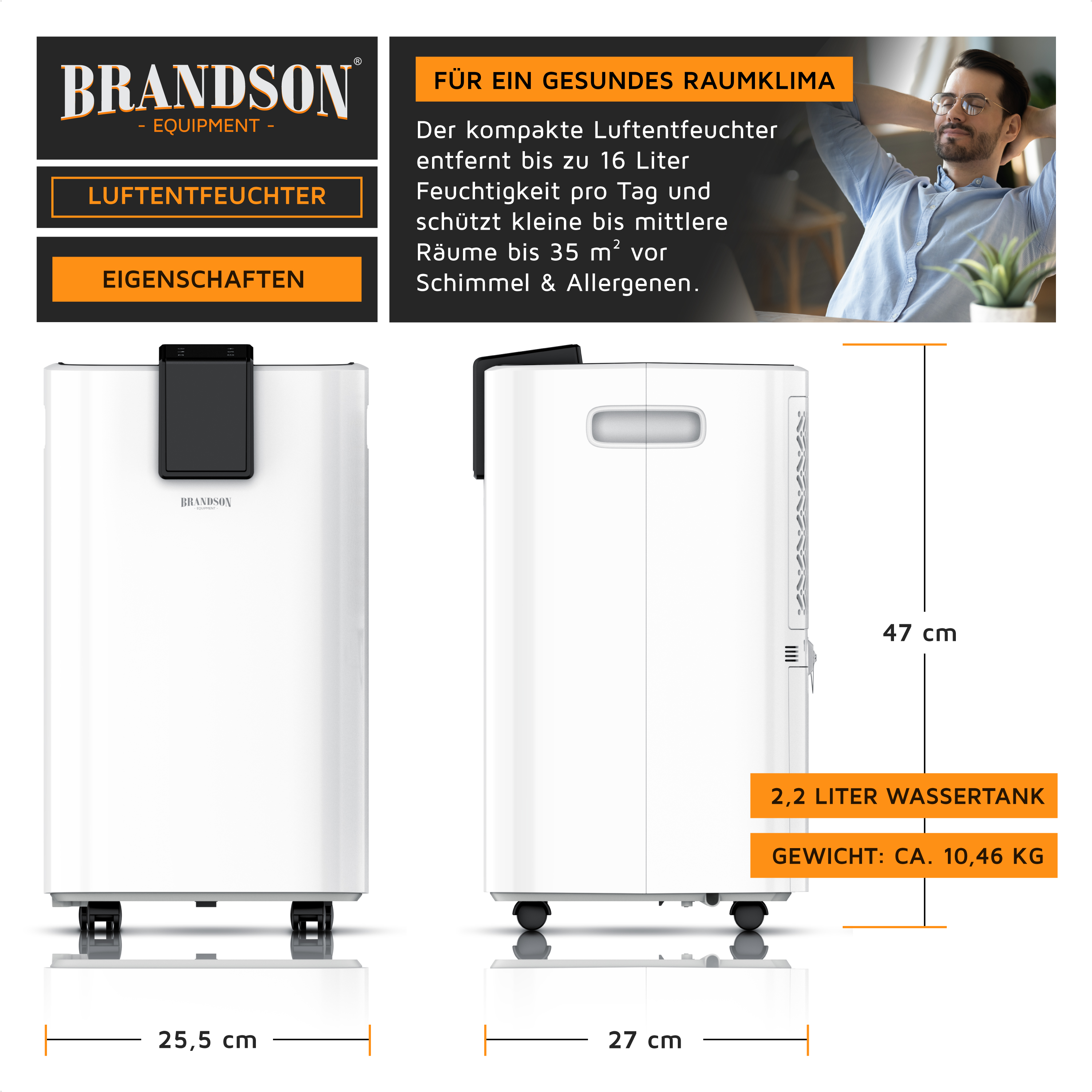 Werbegrafik für einen Brandson Luftentfeuchter mit Maßen von 25,5x27x47 cm, 2,2-Liter-Wassertank und 10,46 kg Gewicht.