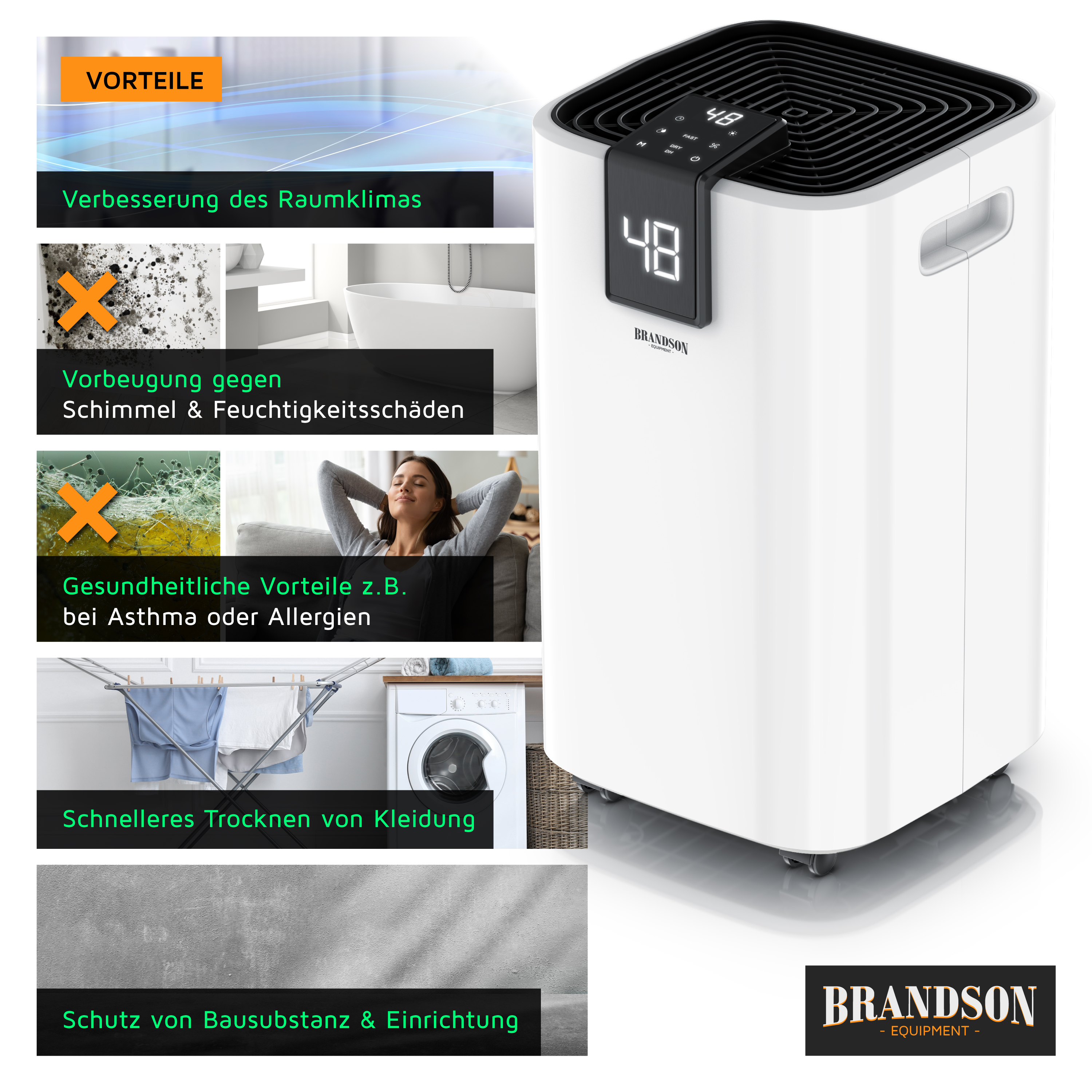 Weißer Brandson Luftentfeuchter mit digitalen Anzeigen und Grafiken zu seinen Vorteilen.