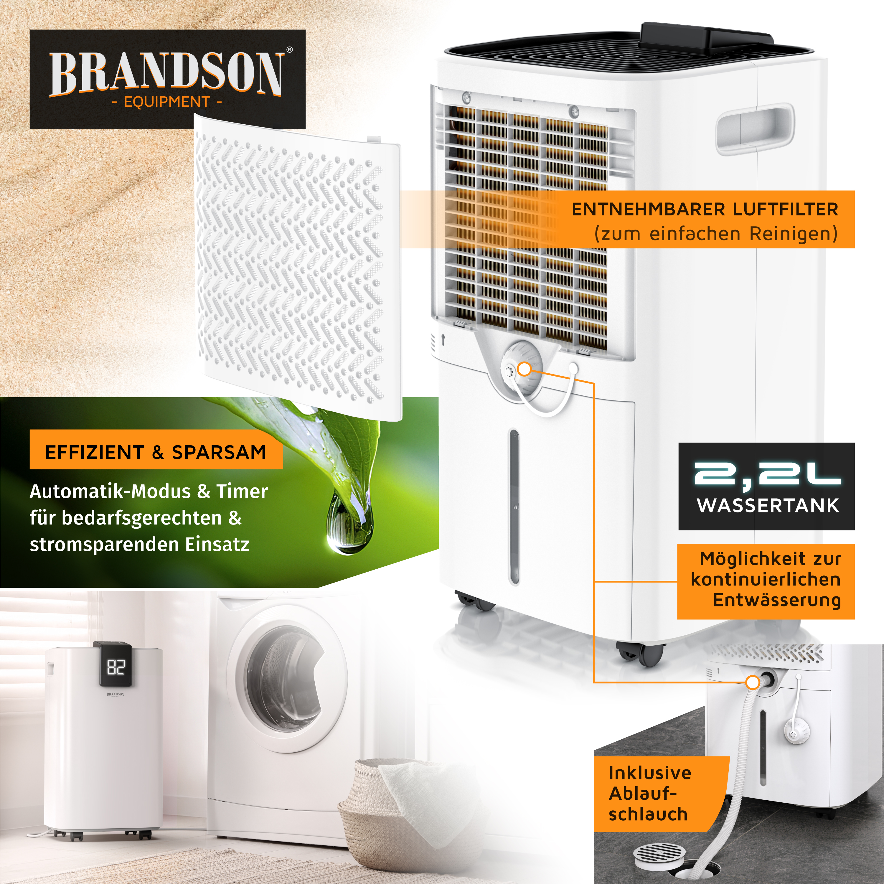 Brandson Luftentfeuchter in Weiß mit herausnehmbarem Filter, Wassertank und Ablaufschlauch.