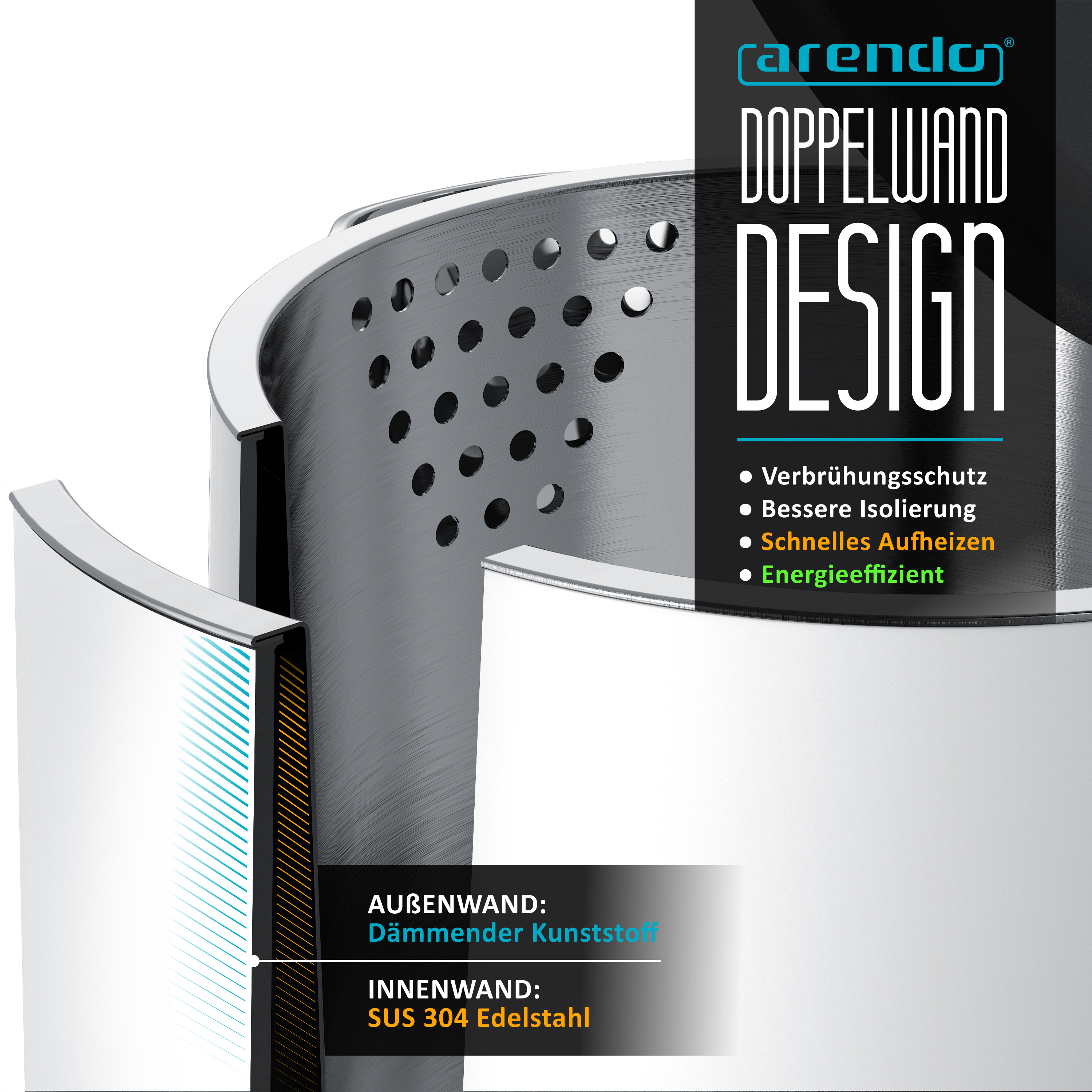Arendo Doppelwanddesign mit Edelstahlinnenwand und Isolierschicht für effizientes und sicheres Kochen.