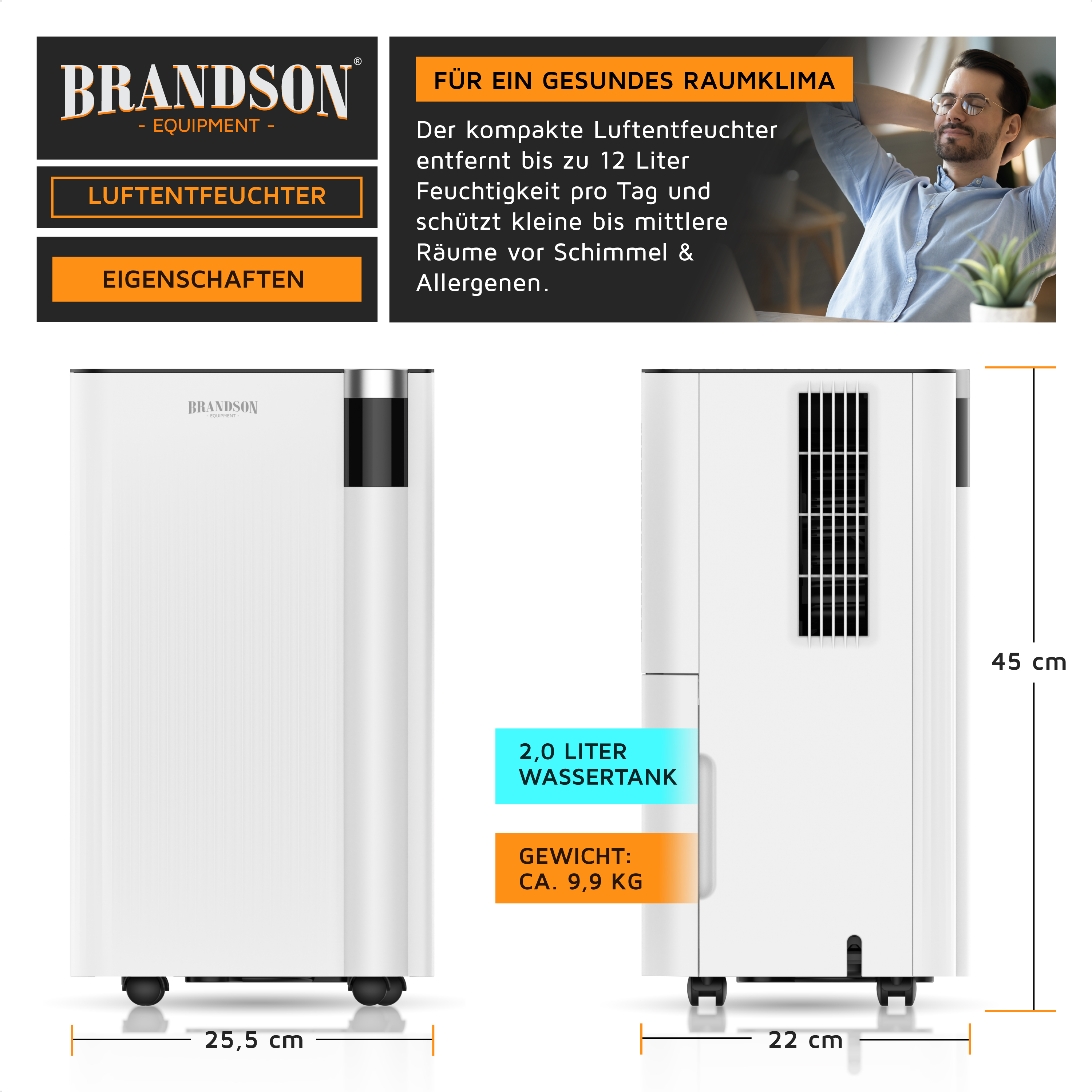Brandson Luftentfeuchter mit 2,0L Wassertank, 12L/Tag Leistung und Maßen von 25,5 x 22 x 45 cm.