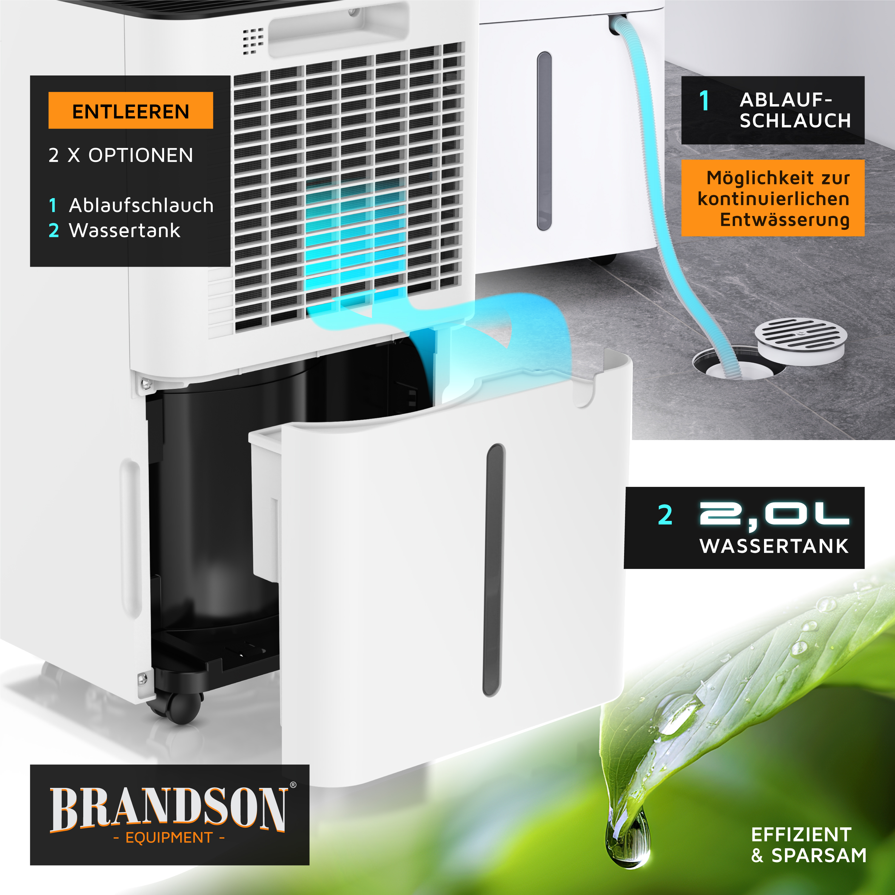 Dehumidifier with two drainage options: a hose for continuous drainage and a 2.0L water tank.