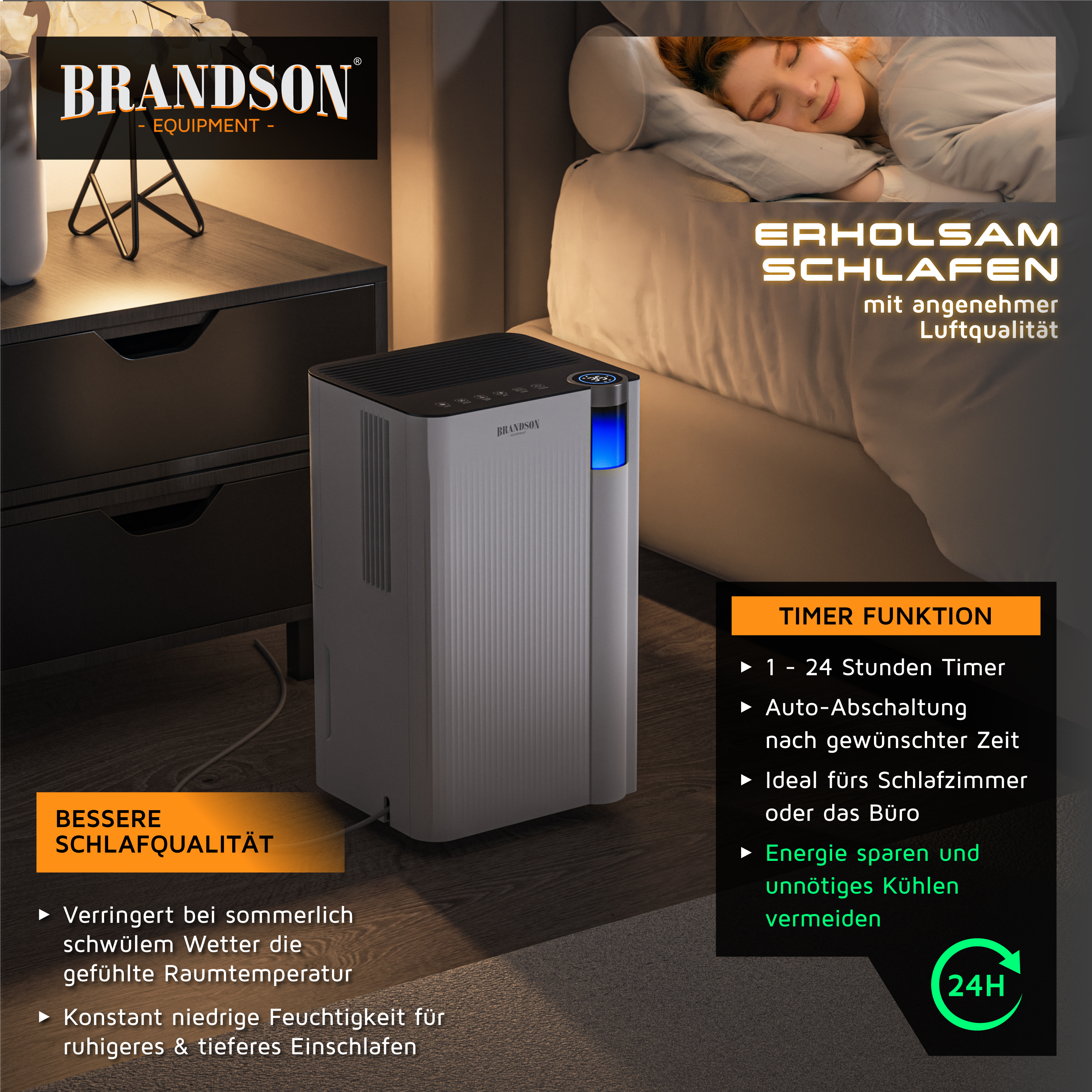 Ein Brandson Entfeuchter steht im Schlafzimmer neben dem Bett mit einer schlafenden Person.