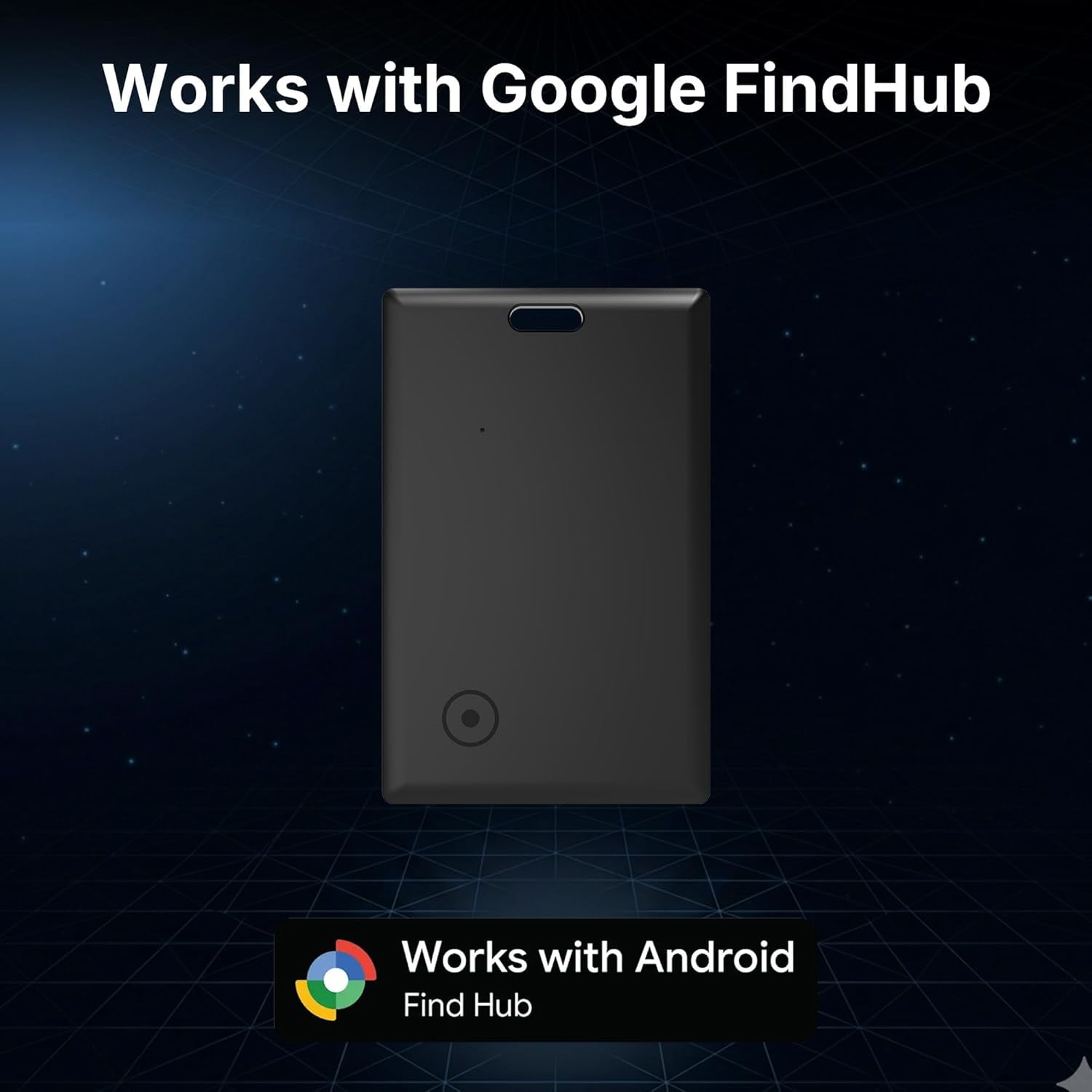 Eine schwarze Tracker-Karte auf dunklem Hintergrund mit dem Text Works with Google FindHub.
