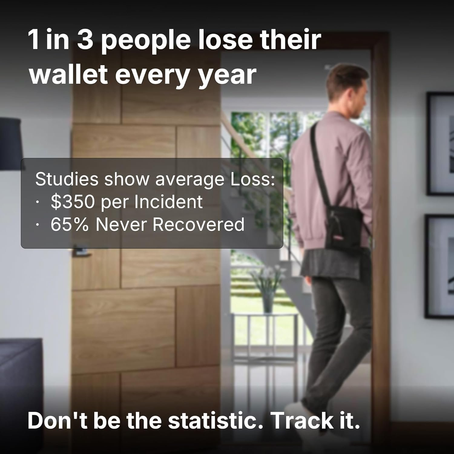 Ein Mann geht durch eine Tür, begleitet von Statistiken über den Verlust von Geldbörsen.