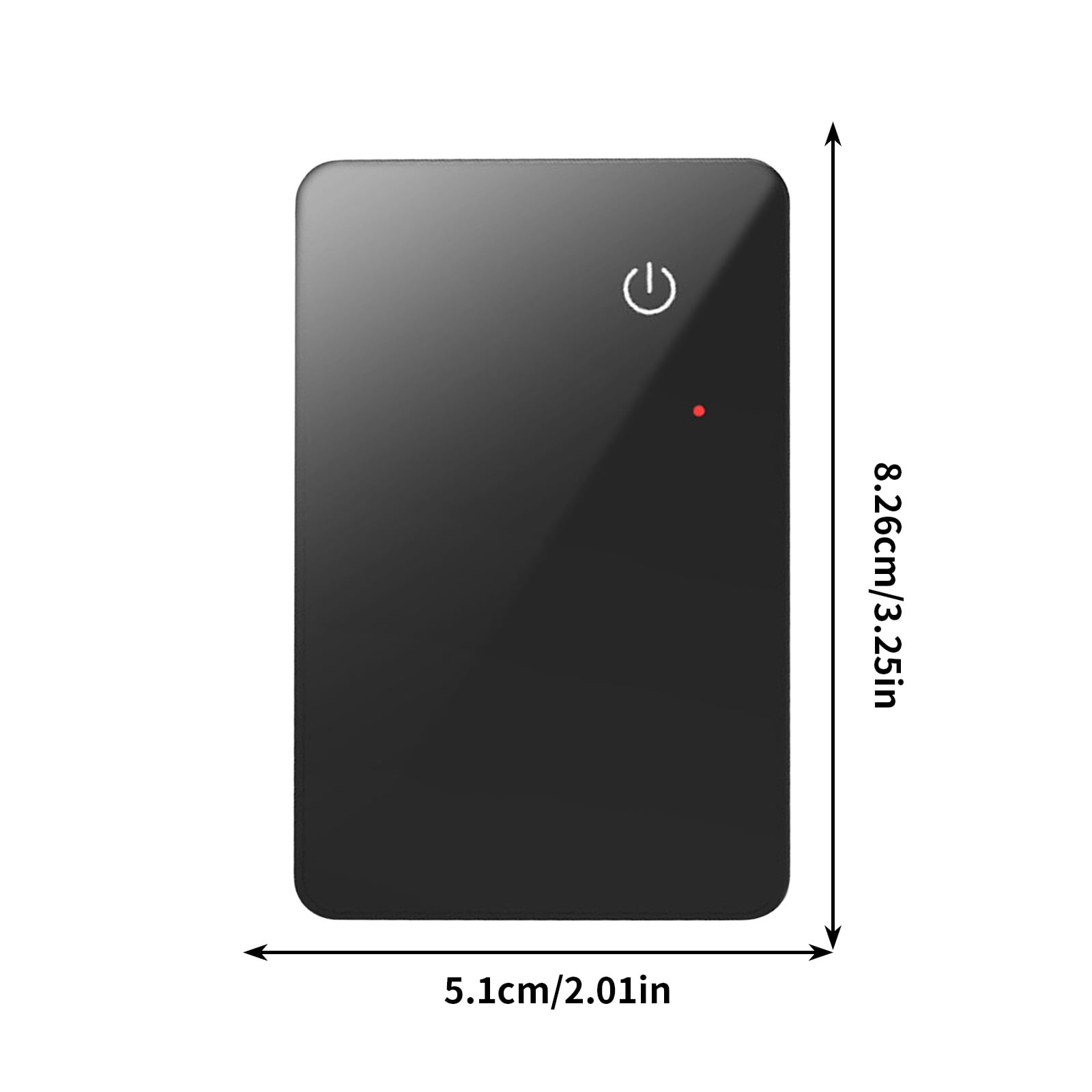 Schwarzes rechteckiges Gadget mit Einschalttaste, roter LED und Maßangaben.