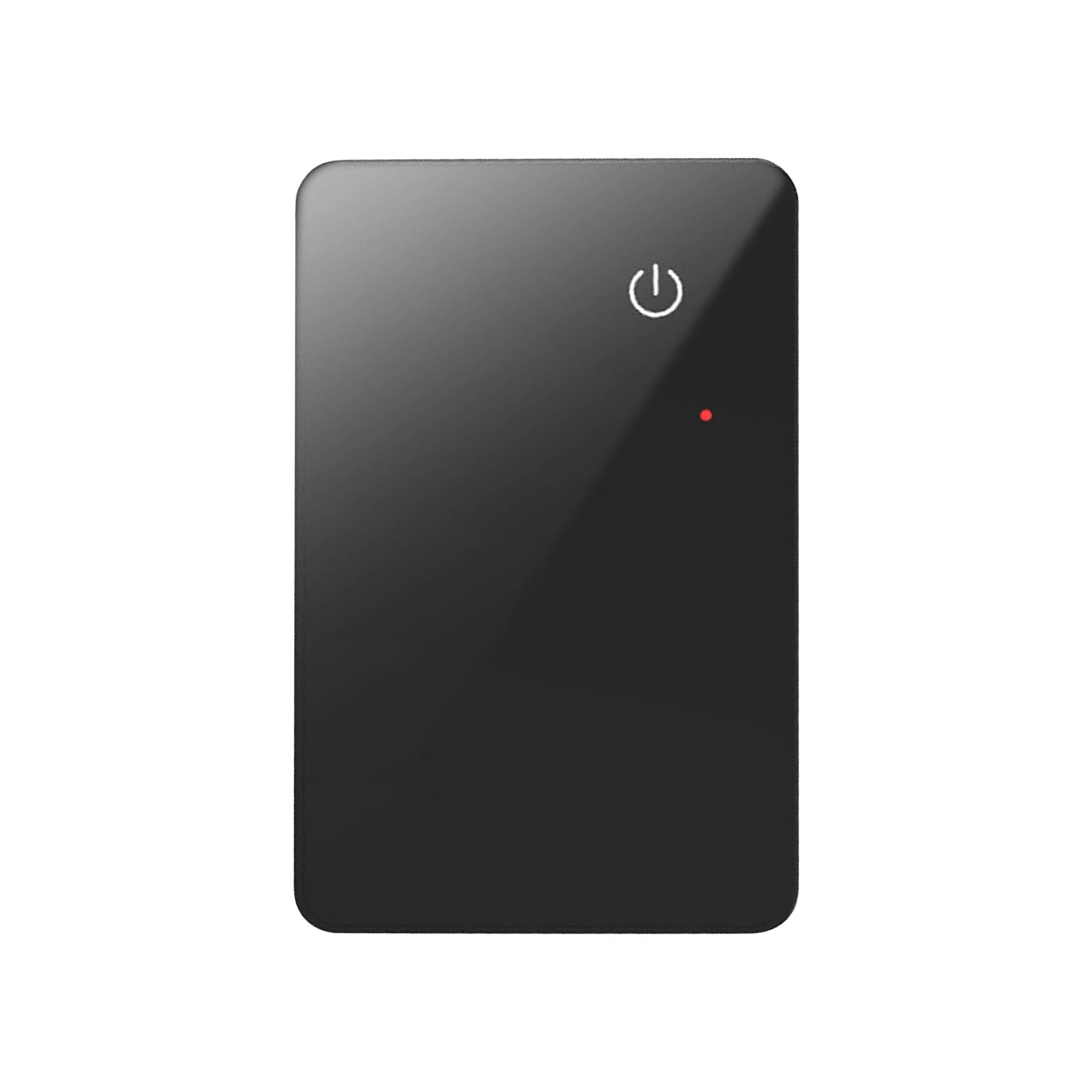 Eine schwarze Powerbank mit weißem Einschaltsymbol und roter LED.