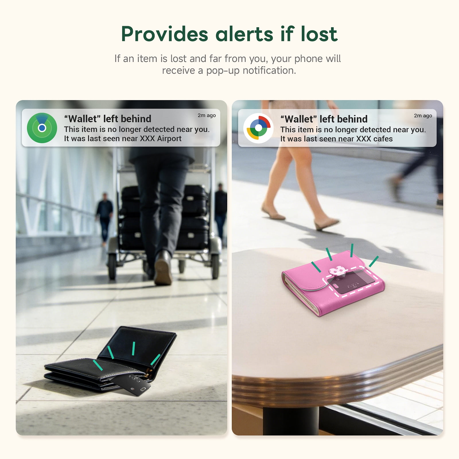 Zwei Szenen zeigen Smartphone-Benachrichtigungen über vergessene Geldbörsen in einem Flughafen und einem Café.