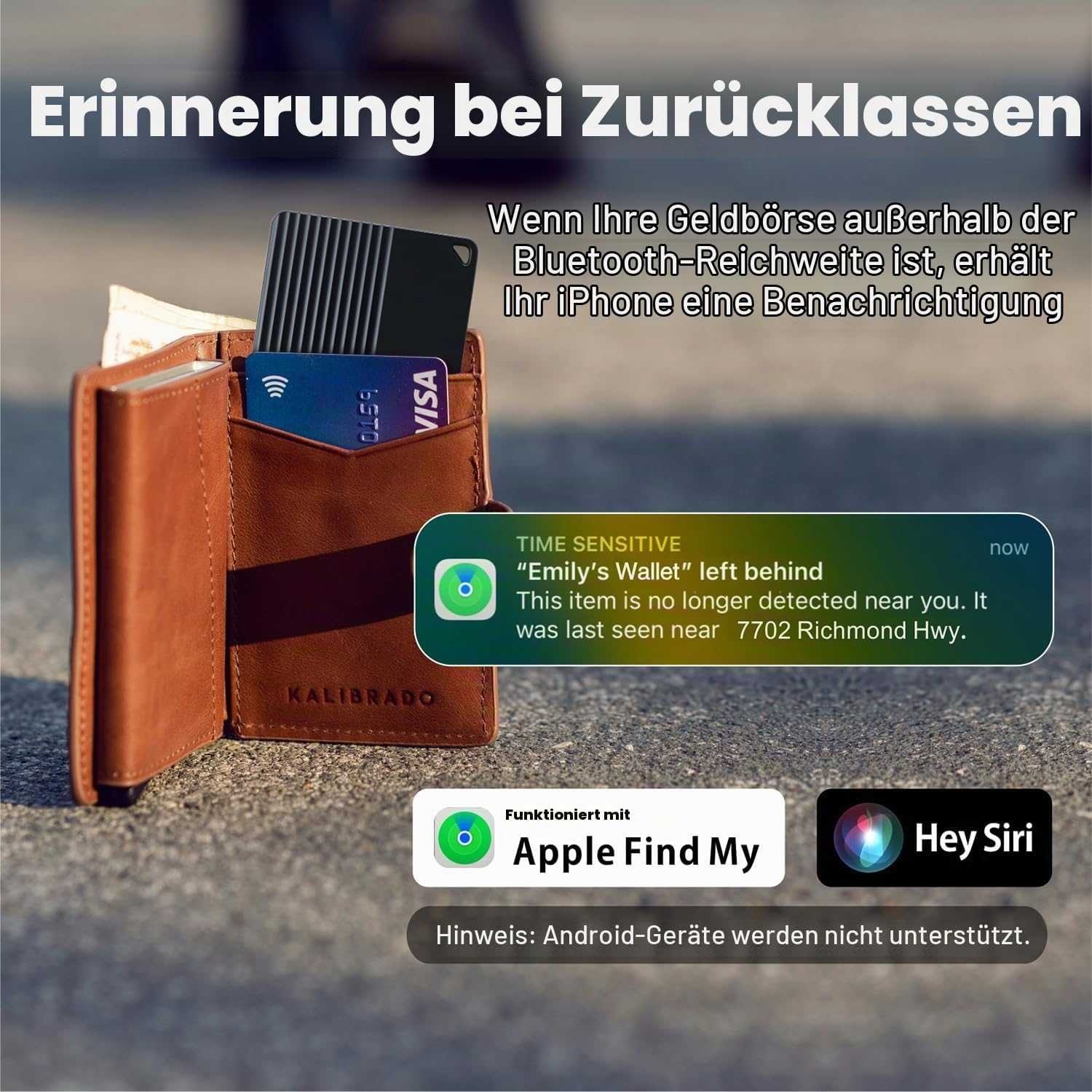 Braune Ledergeldbörse mit Apple Find My Benachrichtigung auf dem Bildschirm.
