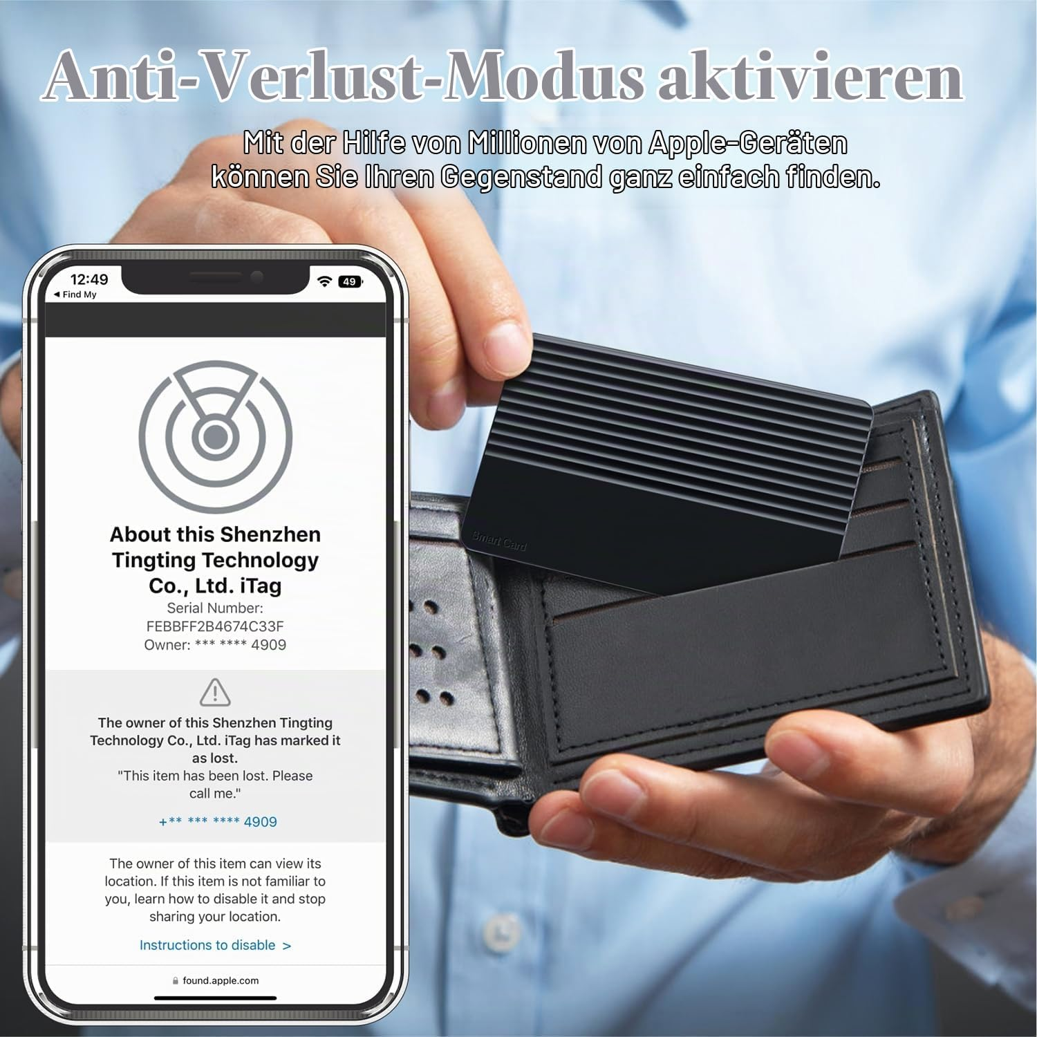 Eine Person hält ein Smartphone mit Ortungs-App und ein schwarzes Smart Card-Etui in einer Brieftasche.
