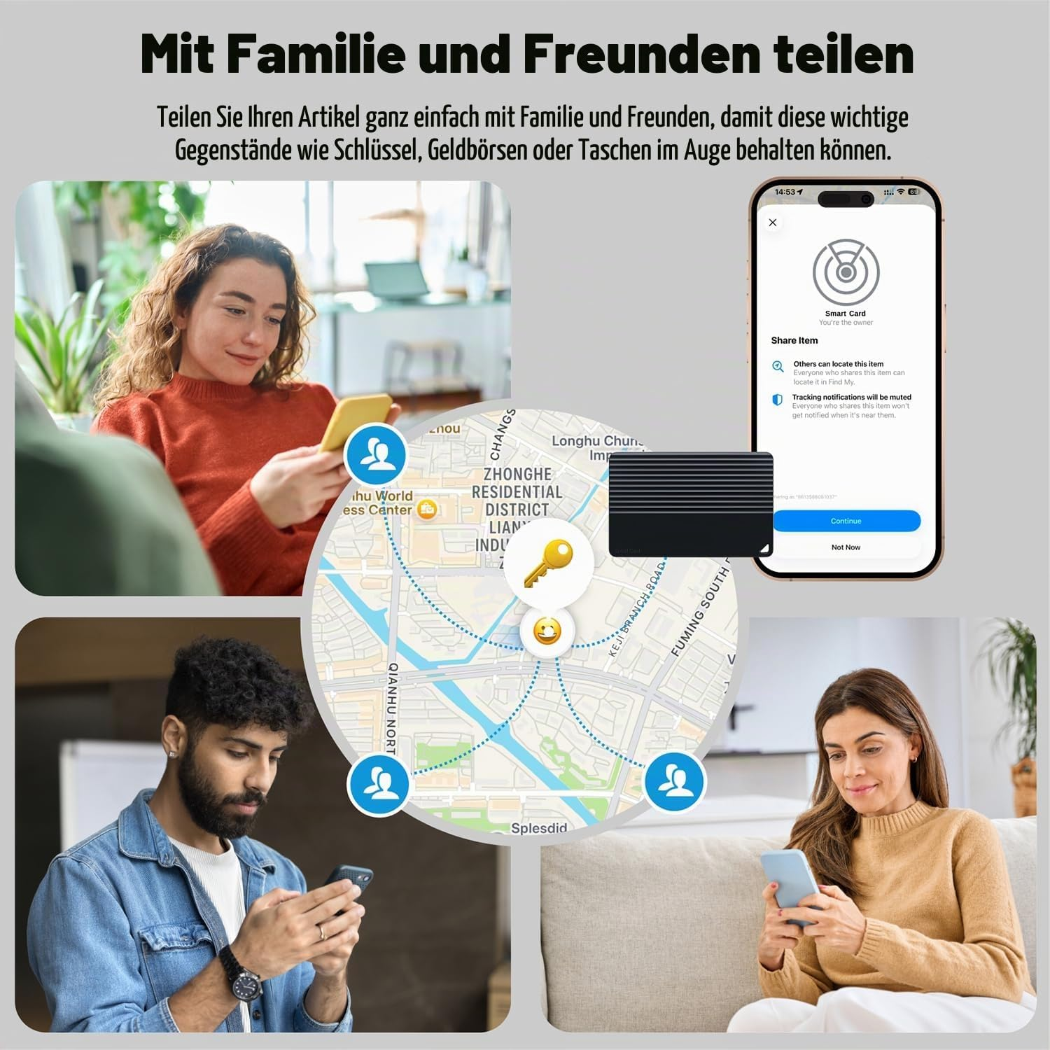 Geteilte Geräteanzeige mit Personen, die Smartphones nutzen, und einer digitalen Karte zur Standortverfolgung.