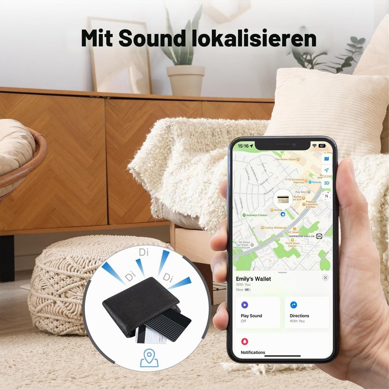 Handy zeigt Karten-App, um ein Wallet mit Ton zu lokalisieren; im Hintergrund ein gemütliches Wohnzimmer.