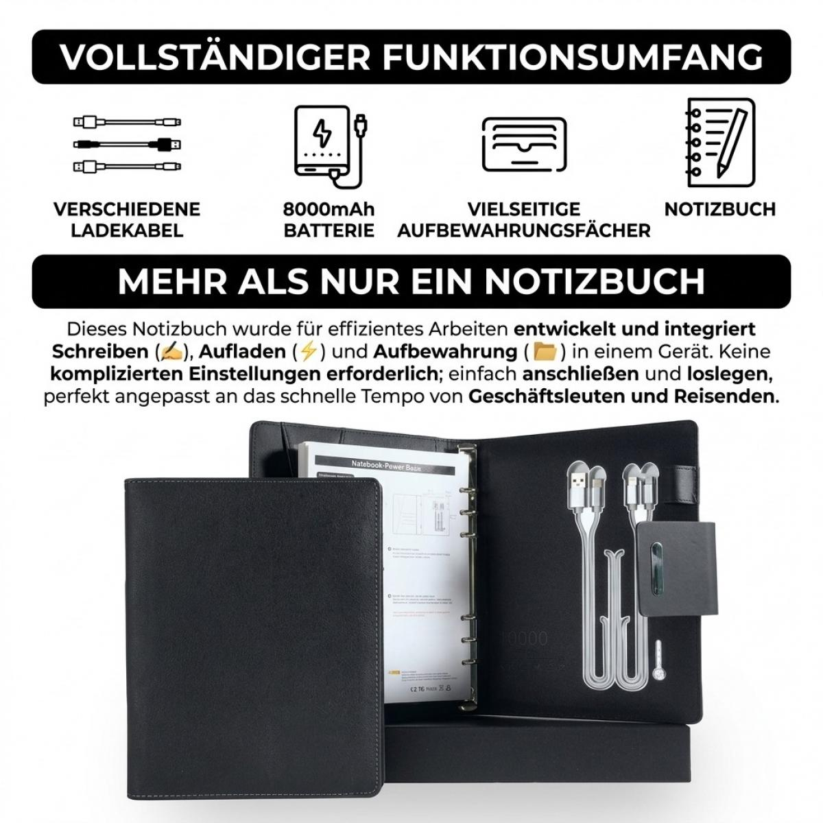Ein schwarzes Notizbuch mit integrierter Powerbank, Ladekabeln und Fächern für den professionellen Gebrauch.