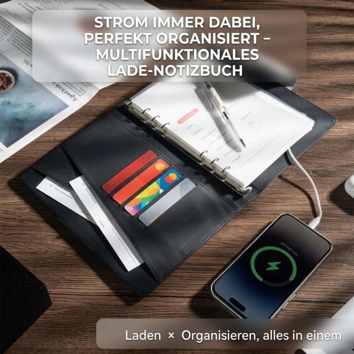 Ein schwarzes Ringbuch mit integrierter Powerbank und Ladekabel lädt ein Smartphone auf einer Holzoberfläche.