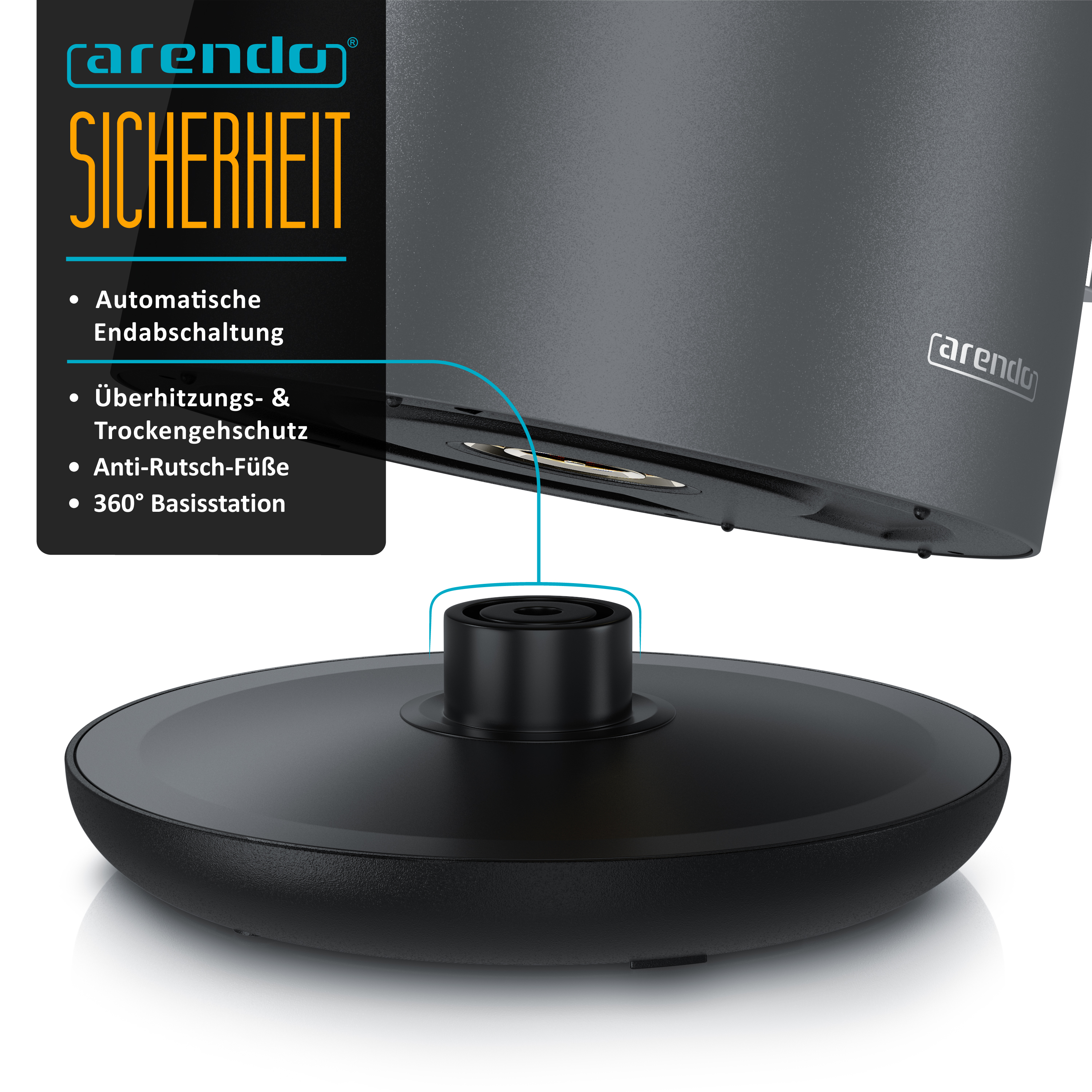 Grauer Arendo Wasserkocher mit 360-Grad-Basisstation und Sicherheitsfeatures.