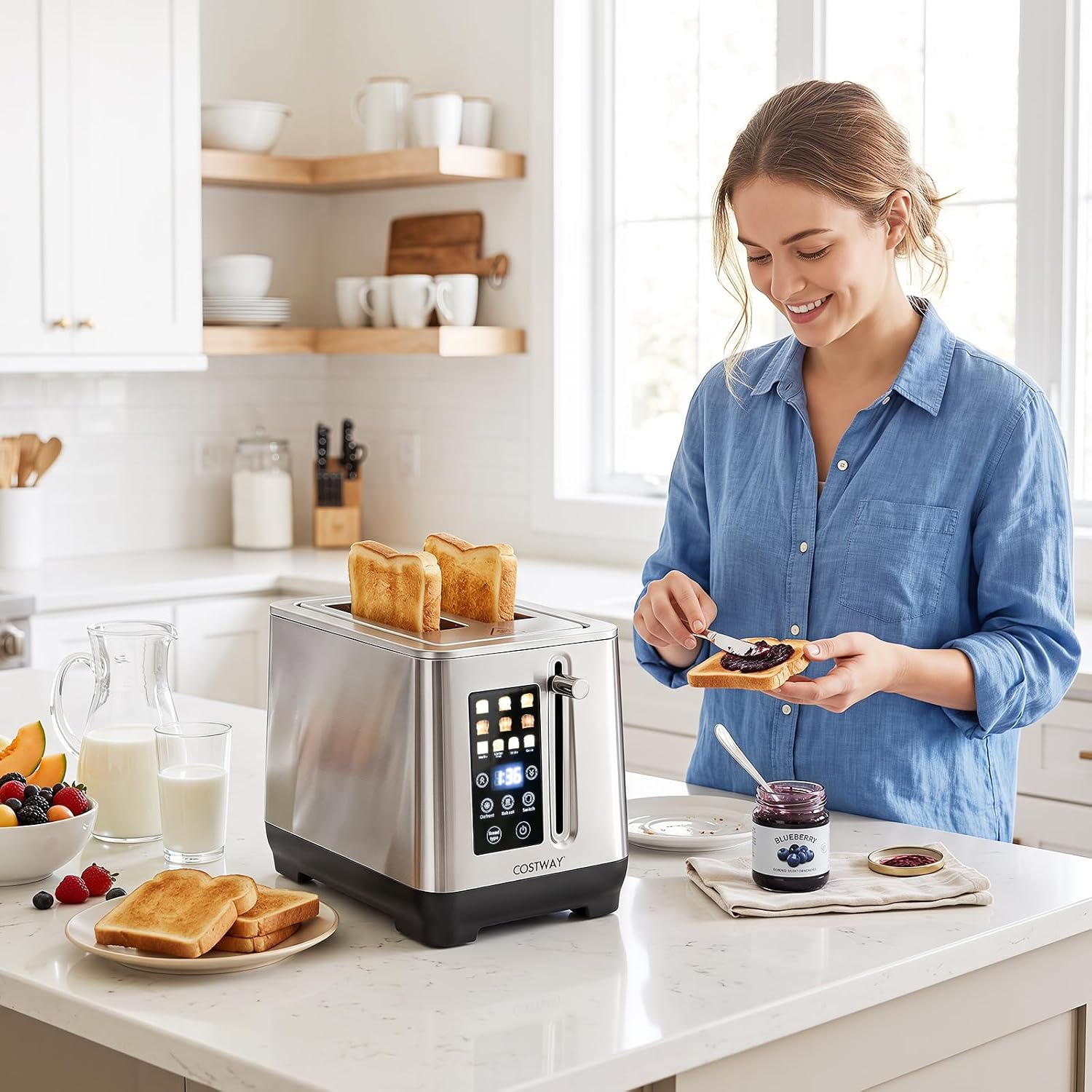Eine Frau in der Küche streicht Marmelade auf Toast neben einem Toaster und Milch.