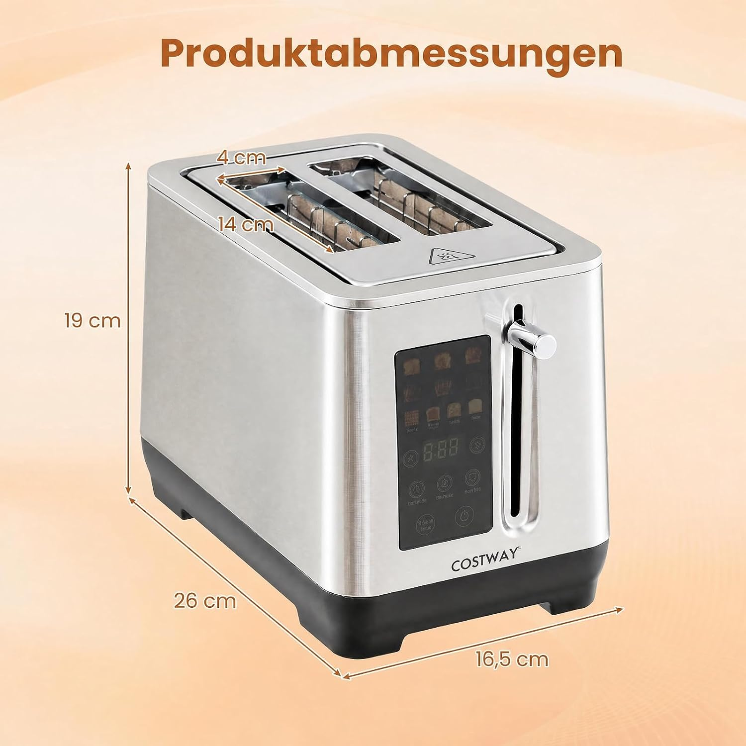 Silberner 2-Schlitz-Toaster von Costway mit digitalen Bedienelementen und Maßen von 26x16,5x19 cm.